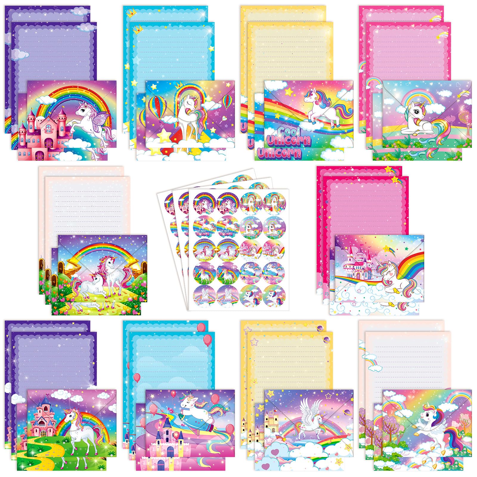 TaoBary 160 Packs Stationery Paper Set (50 Double Sided Stationery Writing Papers 50 Matching Envelopes) 60 Round Dot Sticker, 10 Design (Unicorn,8.5 x 11 Inch)