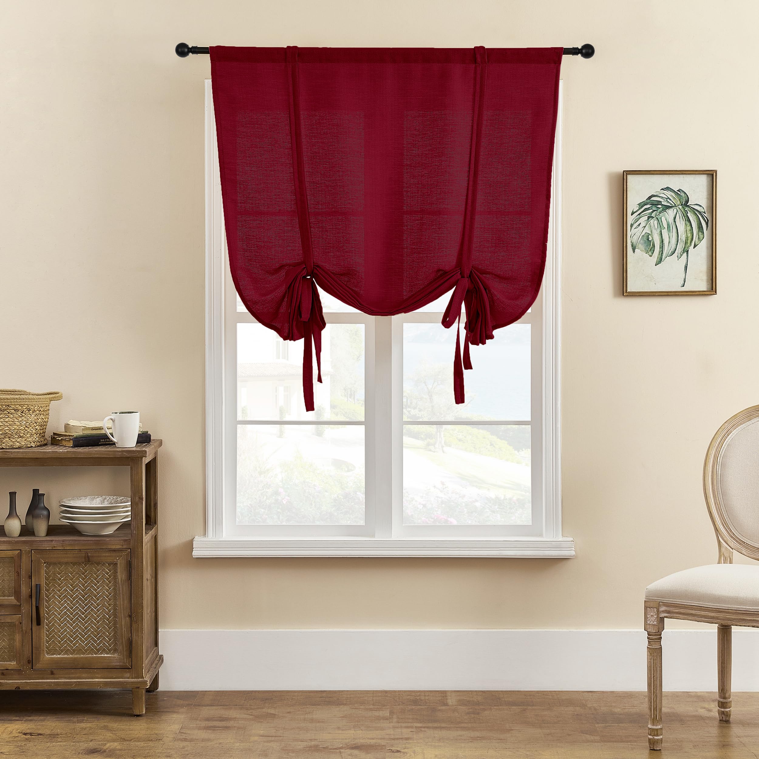 SIMPVALE 1 Piece Roman Blinds Tulle Tie Up Sheer Curtains with Rod Pocket Translucent Voile Curtain for Living Room Bedroom Balcony Kitchen Bathroom, Wine Red, 120x140cm