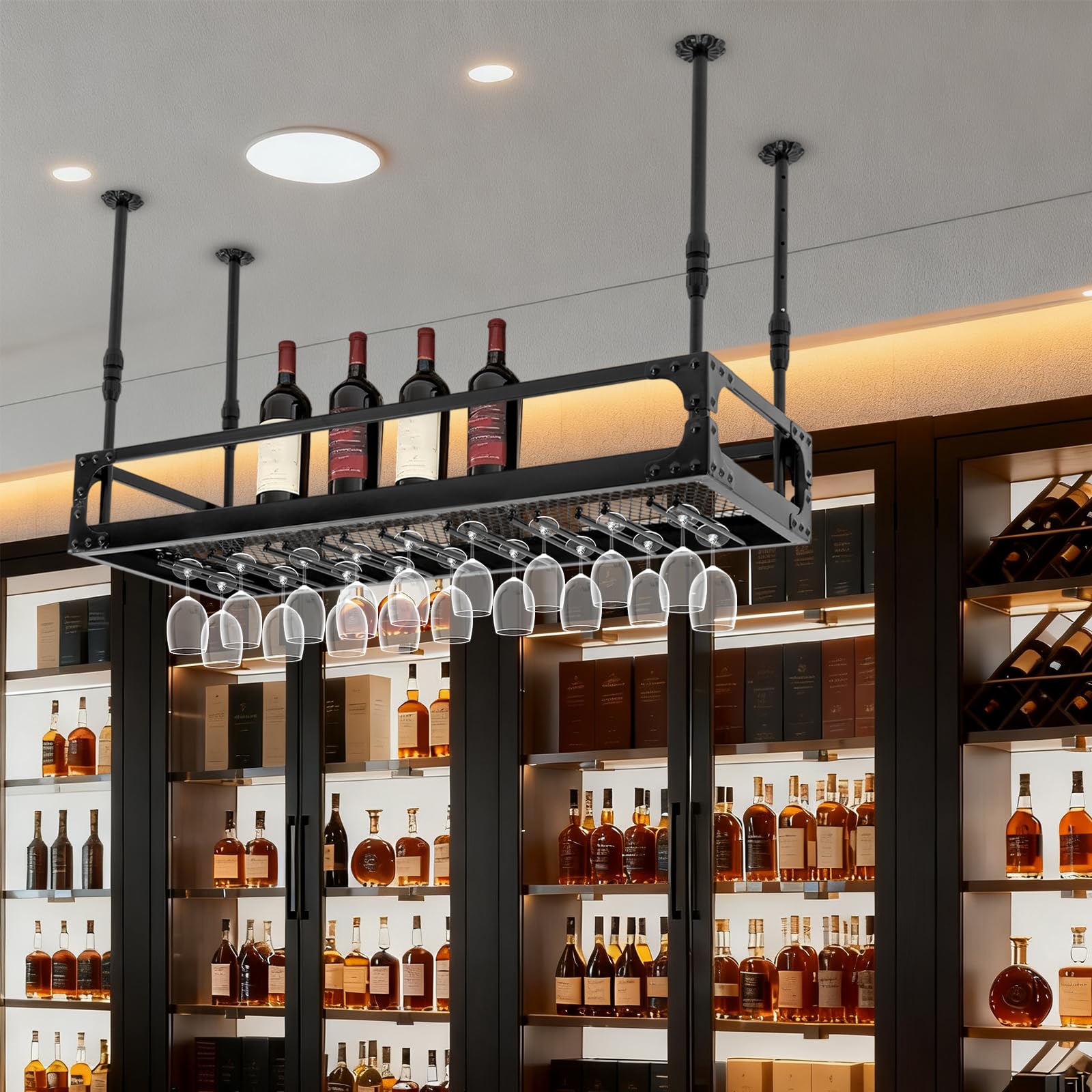 Scaffale da soffitto per bicchieri da vino, stile industriale, 100 x 35 cm, altezza regolabile 35 – 55 cm, portata 50 kg, con 9 supporti in vetro e barra di protezione, metallo nero per bar