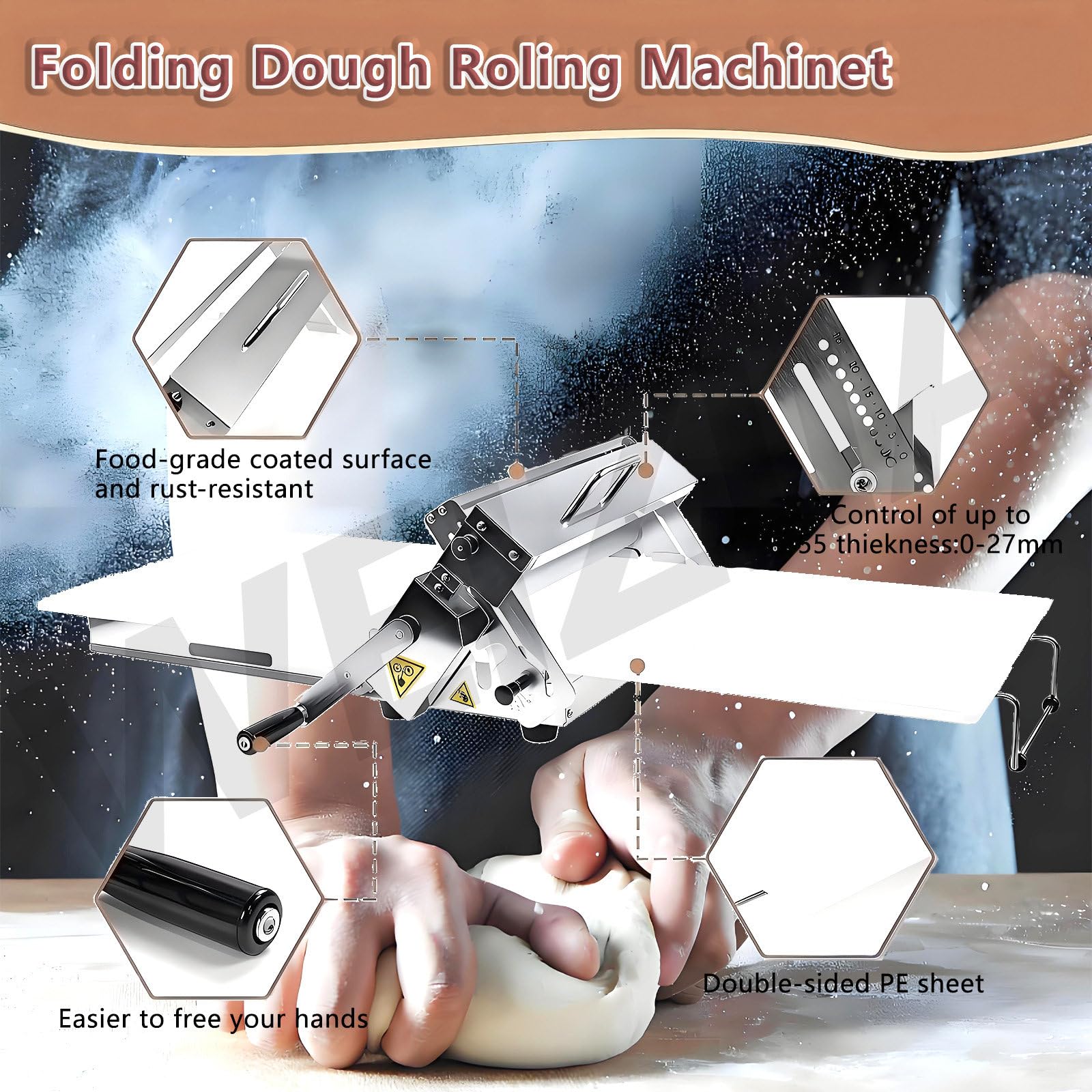 Macchina stenditrice Manuale per Pasta, Macchina sfogliatrice Pieghevole per Pasta, Macchina sfogliatrice da banco, Macchina sfogliatrice Manuale per Pasta, con 55 spessori Regolabili,90x40cm