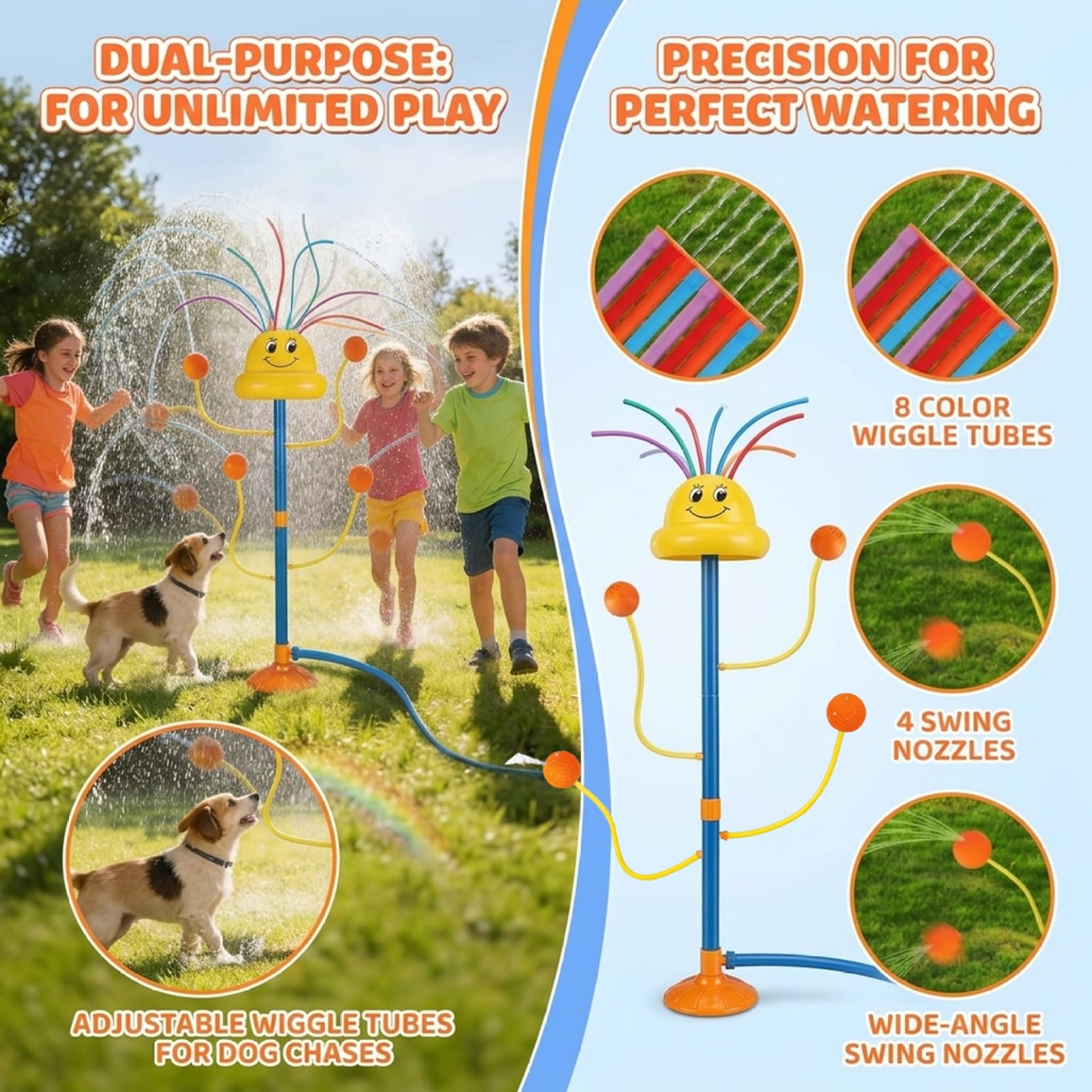 Aspersor de Agua para niños, Juguete acuático para Exteriores con 8 Tubos ondulados y 4 boquillas, aspersor para niños y Mascotas, Juguete, Exterior, danzante.