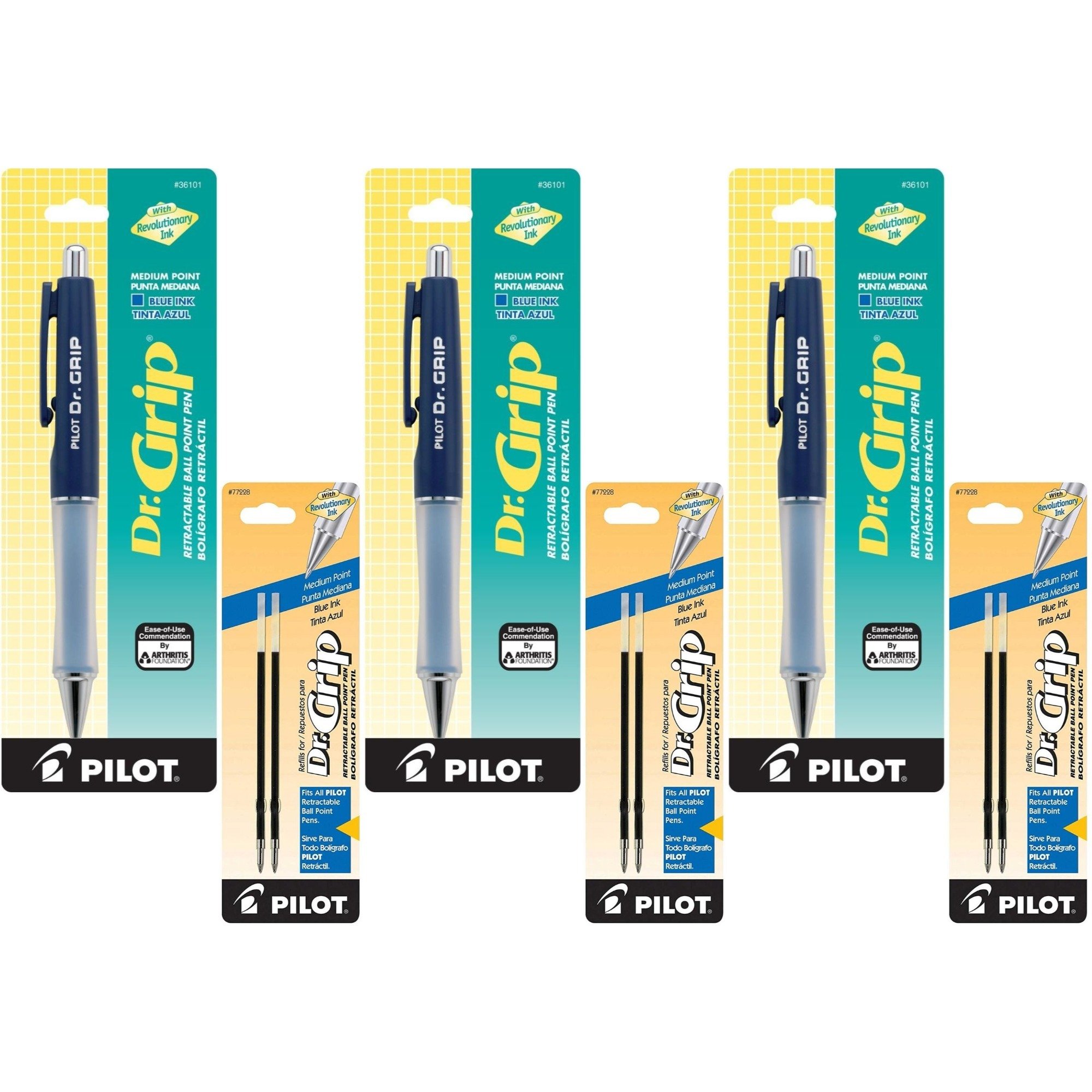 PILOTDr. Grip Retractable Ballpoint Pen, Medium Point, Navy Barrel with Blue Ink, 3 Pens (36101) with 6 Blue Ink Refill