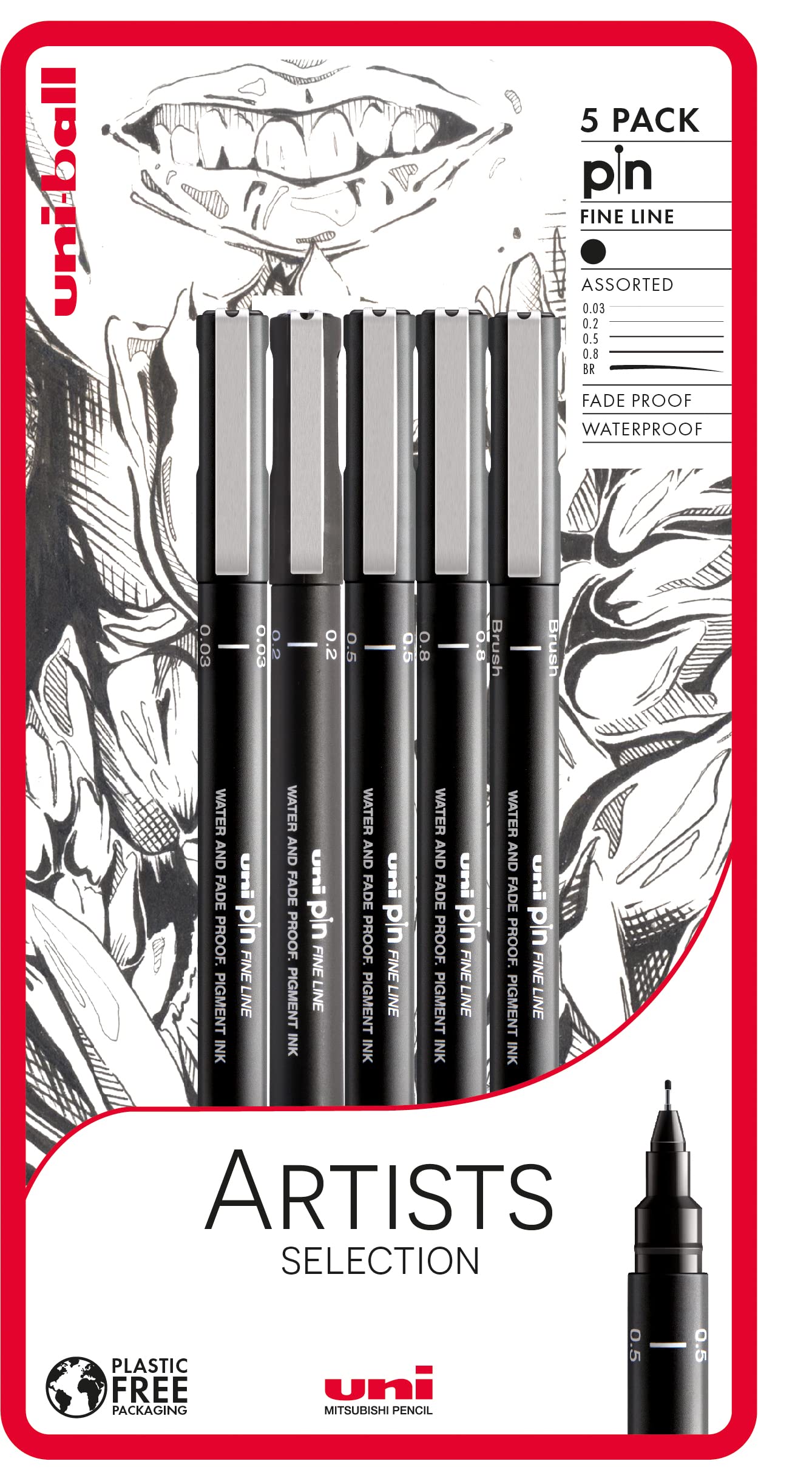uni-ball PIN Fineliners, Black Fine Tipped Writing Pens, Water and Fade-Resistant Ink, Ideal for Architects, Sketching, Scrapbooking, Outlining, Art, Technical Drawing, Archival Quality, Pack of 5