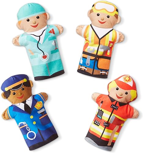 Marionetas de mano Melissa & Doug, Jolly Helpers (juego de 4), trabajador de la construcción, doctor, policía y bombero