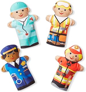 Melissa & Doug Jolly Helpers Hand Puppets (Set of 4) - Construction Worker, Doctor, Police Officer, and Firefighter
