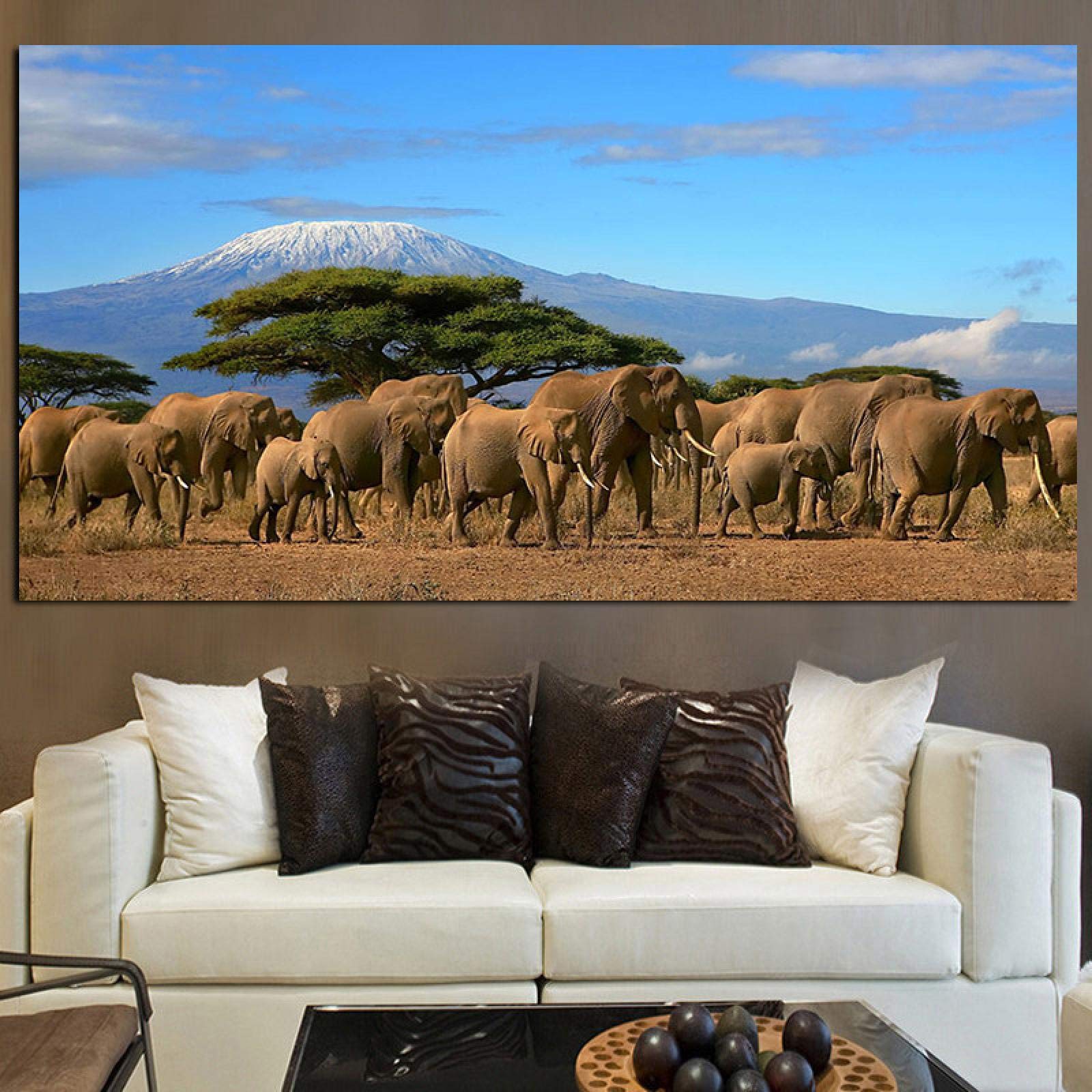 Guying Art Frameless Elephants Herd Tree Mount Kilimanjaro Kenya Wild Animals Canvas Posters And Prints Wall Art Pictures For Living Room 50X100cm(20X39in)