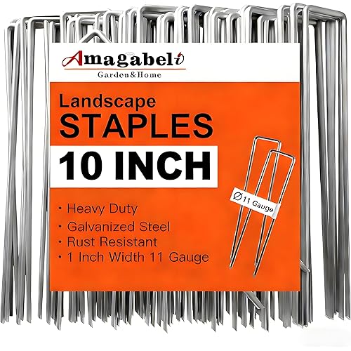 AMAGABELI 10 Inch 200 Pack Galvanized Landscape Staples 11 Gauge Anti-Rust Heavy Duty Garden Stakes Plant Cover Spikes U-Shaped Sod Pins Fence Stakes for Weed Barrier,Irrigation Tubing,Decoration