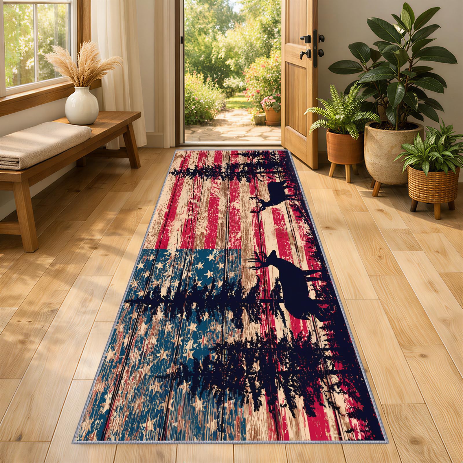 Hirsch Teppich Läufer 100x300cm, Vintage-Flagge Teppichläufer, Country Retro Elch Teppichläufer, Weicher Kurzflor Teppich für Wohnzimmer, Flur, Eingang, Esszimmer