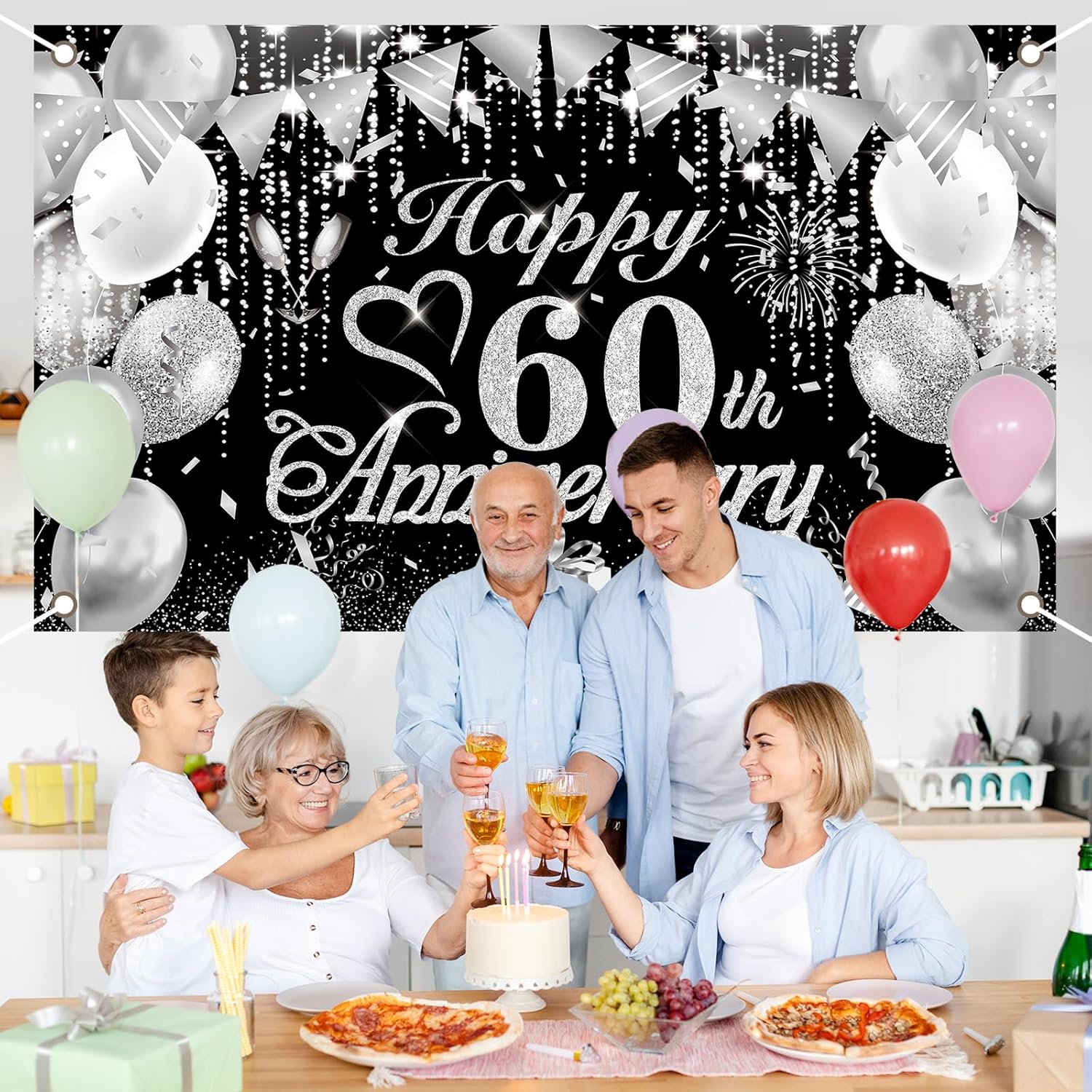 60th Anniversary Decorations Banner Black Silver 60th Diamond Wedding Anniversary Banner for Diamond Wedding Party Decorations 72.8x43.3'' - Image 6