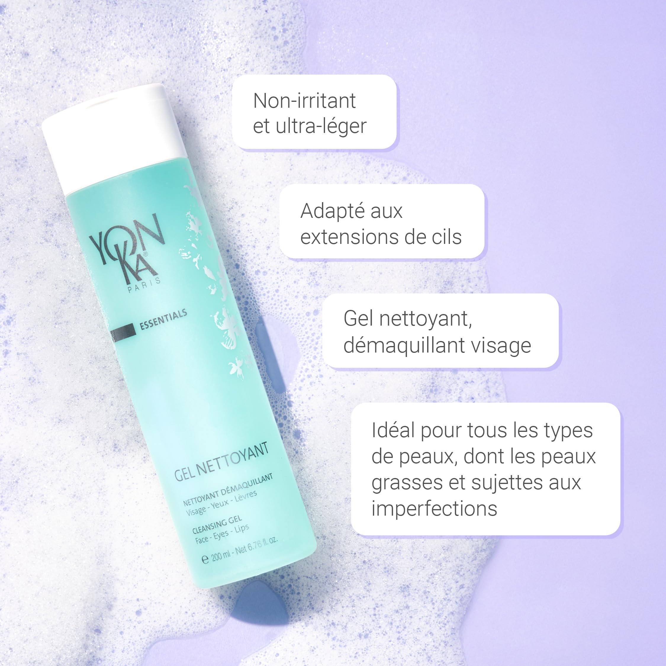 Gel Nettoyant Moussant Yonka 200ml - Visage, Yeux & Lèvres - Démaquille, Nettoie et Purifie - Tous Types de Peaux, Idéal pour les Peaux Mixtes à Grasses - Mousse Fine - 94% d'Ingrédients Naturels