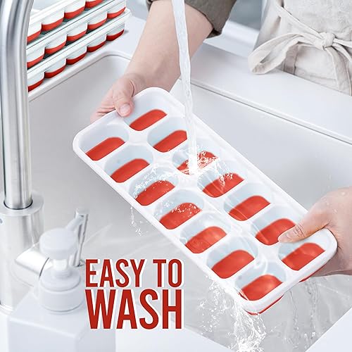 Miniatura 4 de CKE - Bandeja para cubitos de hielo con tapa y contenedor (paquete de 4, rojo) bandejas de hielo de plástico de silicona para congelador, bandejas