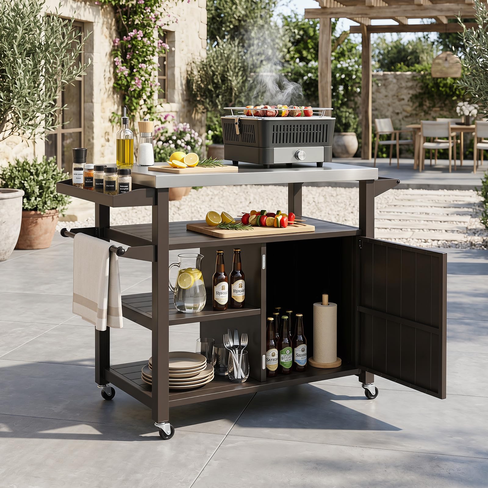 COSTWAY Grillwagen Outdoor, Grilltisch auf Rollen, Servierwagen mit Edelstahlarbeitstisch, 3 Ablagen, Schrank, Gewürzregal & Griff, Beistelltisch für BBQ, Hinterhof Garten Terrasse, Metall, Braun