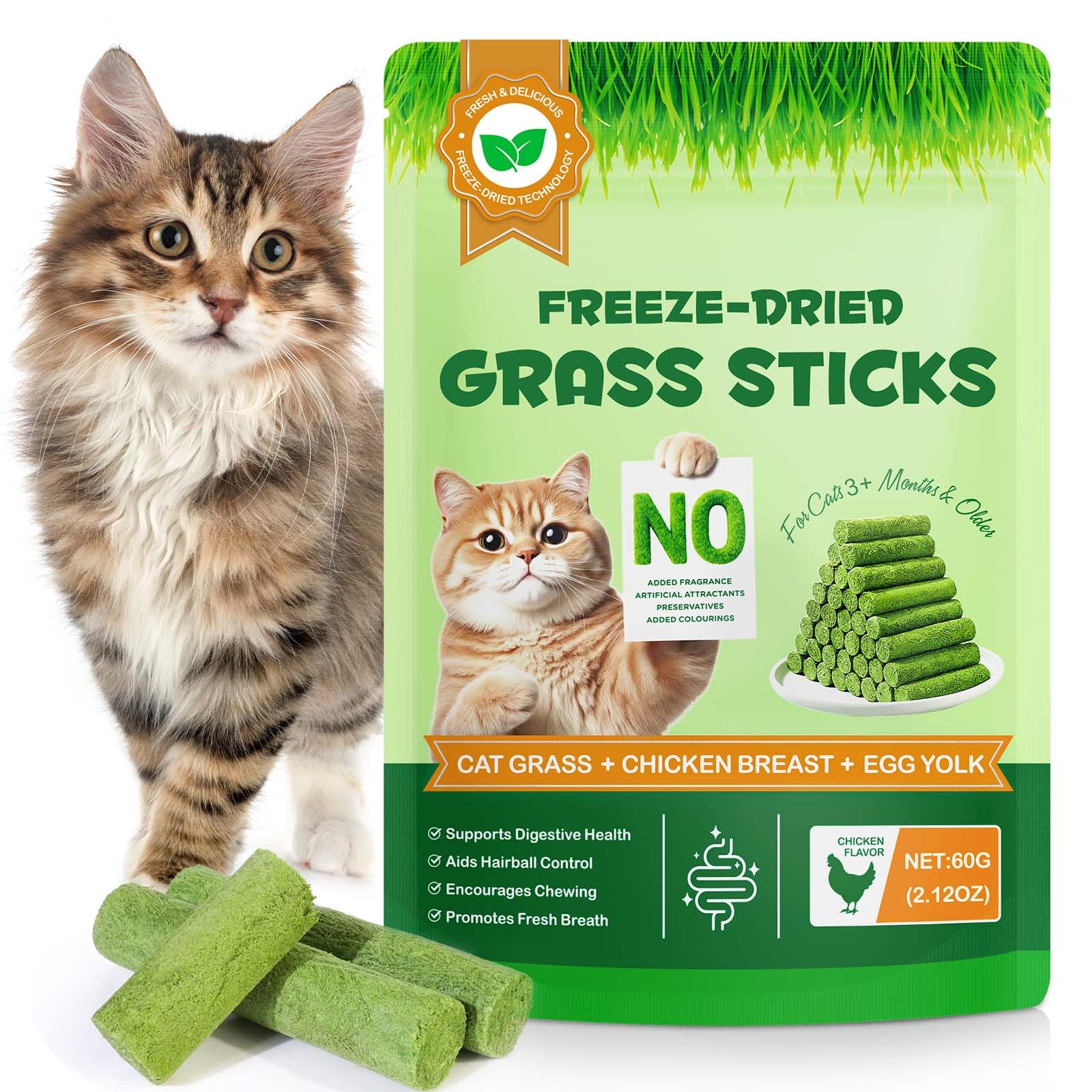 Freeze-Dried Cat Grass Sticks for Hairball Control | Indoor Cats Natural Chicken Flavour Treats 60g
