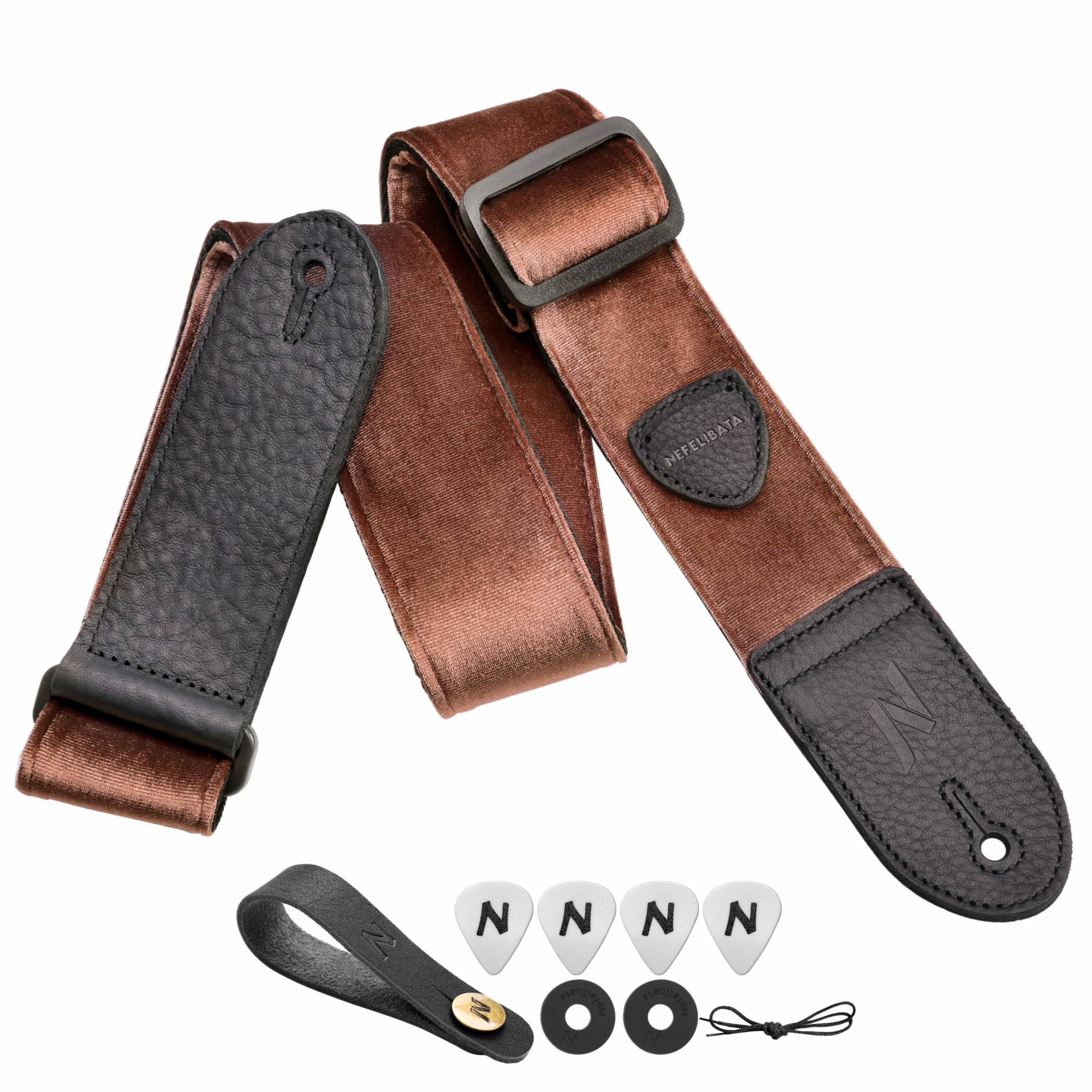 Nefelibata Guitar Strap,Double Full-Grain Leather Ends,Vintage Velvet Strap/FREE BONUS-4 Picks+Locks+Strap Button,Gift For Bass,Electric&Acoustic Guitars(Vintage Coffee Brown)