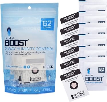 Integra Boost 2-Way Humidity Control Packs 62% RH 4g (6 Pack) + 2g (6 Pack)| Humidity Packs with Replacement Indicator Cards - Moisture Absorber for Herbs, Spices and more