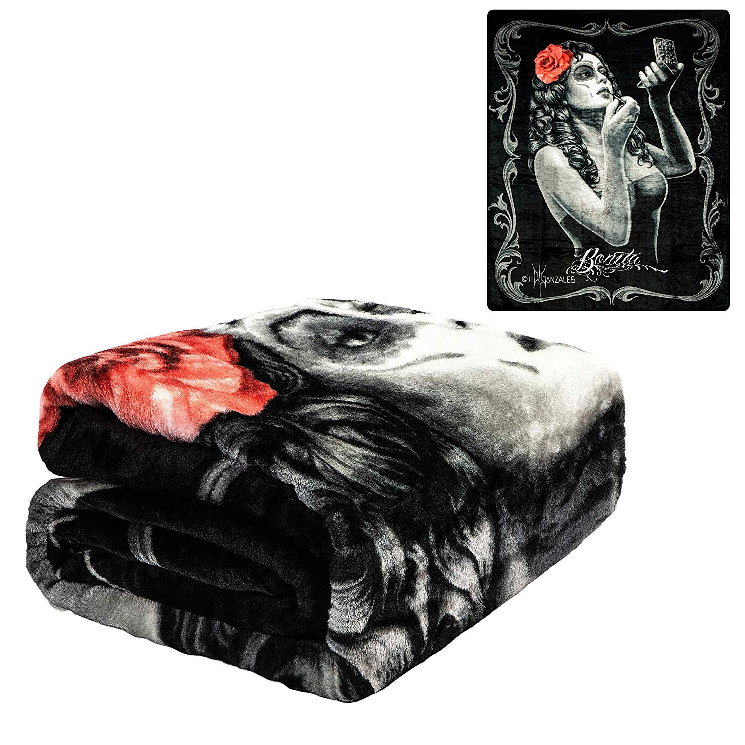 DGA Day of The Dead Rockabilly Bonita Red Rose Queen Size Plush Blanket