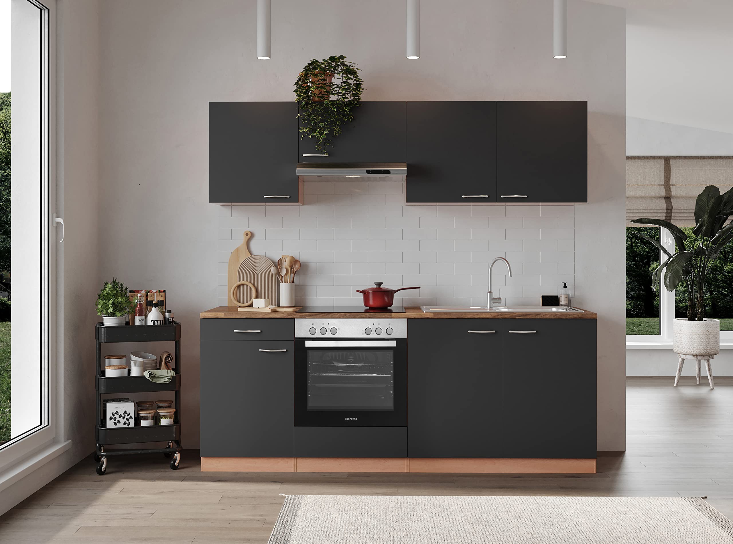 respekta Küchenzeile Gerda KB210BGEC Grau 210 cm Breite mit Elektrogeräten