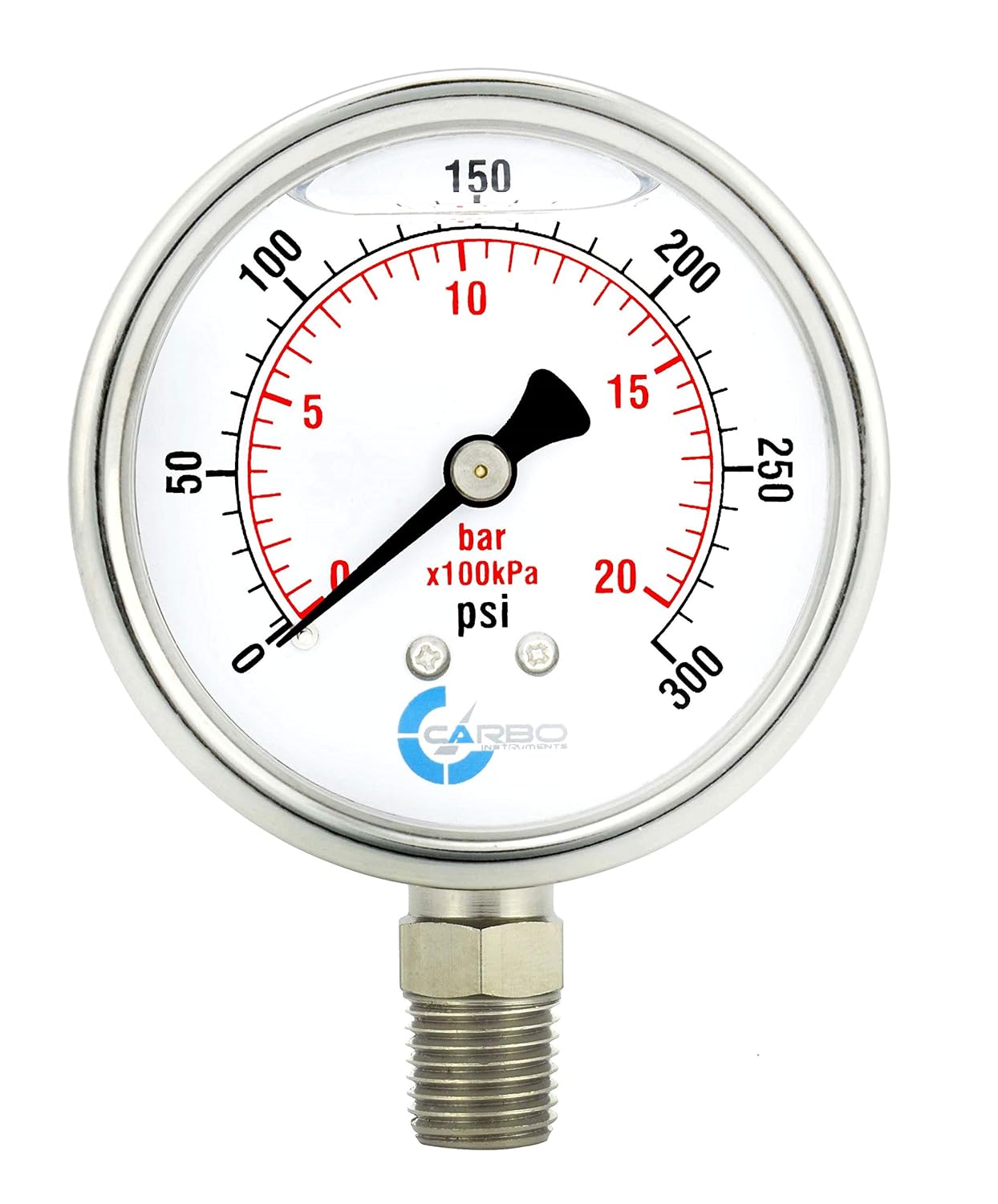 2 Pressure Gauge, Stainless Steel Case, Chrome Plated Brass Connection, Liquid Filled, 0-300 psi/kPa, Lower Mount 1/4 NPT