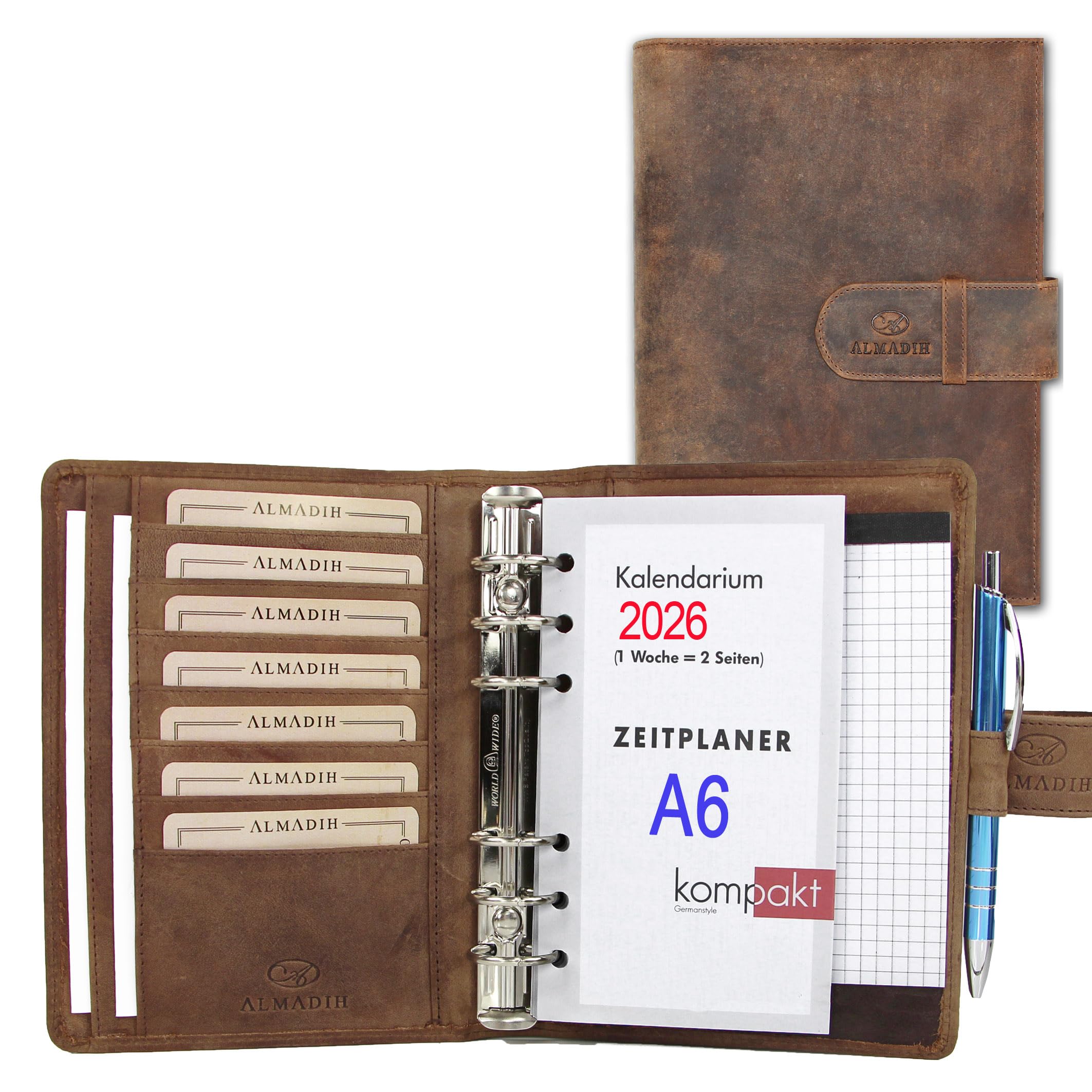 ALMADIH Leder A6 Terminplaner Kalender 2026 Notizblock Premium Rindsleder BV Geschenkbox Ledermappe Mappe Schreibmappe Organizer Terminkalender Ringbuchmappe Pocket Kompakt braun (A6 Ter vintage)