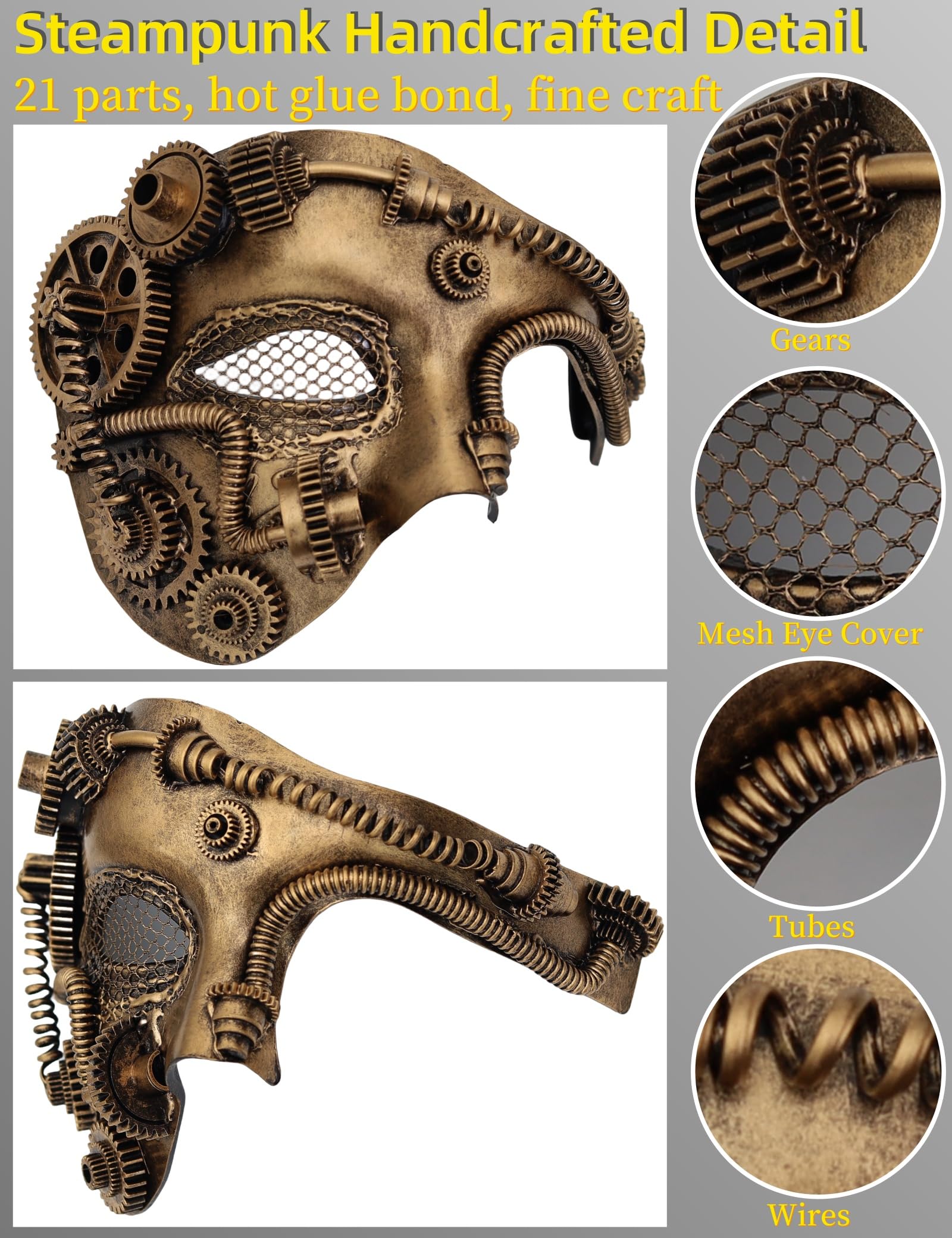 Ubauta Maschera da uomo Steampunk, maschera da cyborg a metà faccia in rete, per Halloween, feste, cosplay, fantasma dell'opera