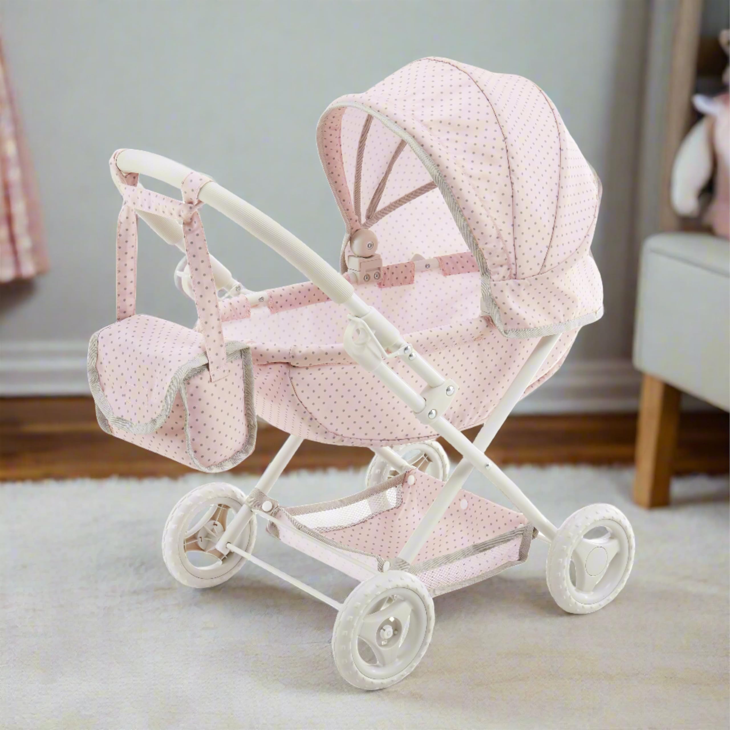 Olivia's Little World Polka Dot Princess Baby Doll Pram Stroller with Retractable Canopy & Storage, Pink | Klappverdeck, Stauraum, Zubehör