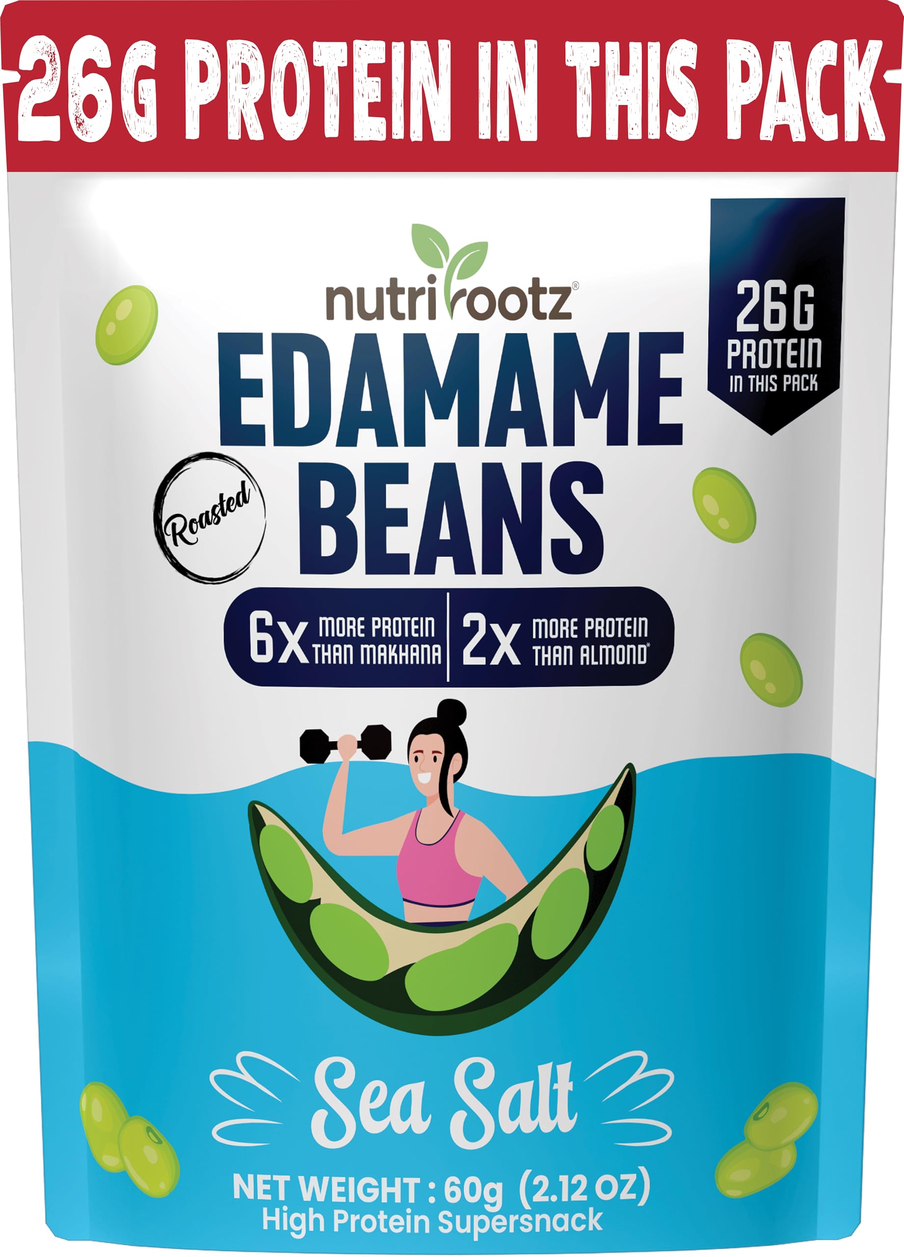 NUTRIROOTZ Roasted Edamame Beans | 26g PROTEIN | Sea Salt Flavor | Highest Protein Super Snack | Roasted Not Fried | Keto Friendly | Gluten Free | Vegan | Plant Based Healthy Snack