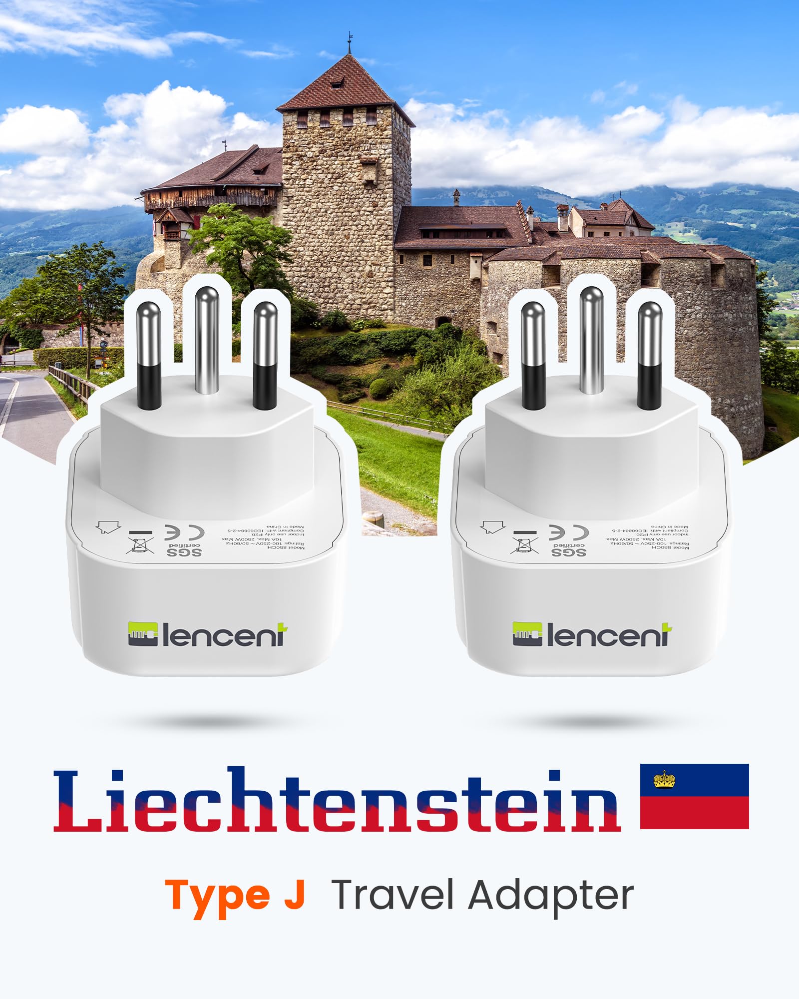 LLENCENT Adattatore Presa Svizzera da Viaggio, Presa Schuko 2 Pin Europa a 3 Pin Svizzera, Tipo J