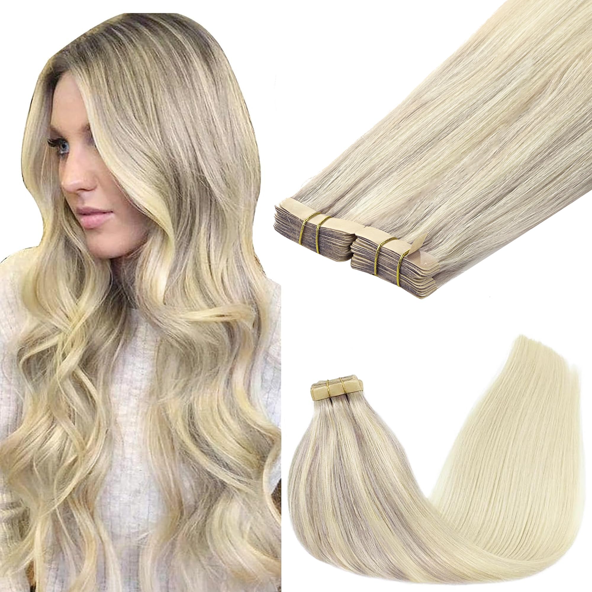GOO GOO Tape in Hair Extensions Human Hair, 17/22/60 Ash Blonde to Golden Blonde and Platinum Blonde, 12inch 80g 40pcs, Skin Weft Seamless Invisible,