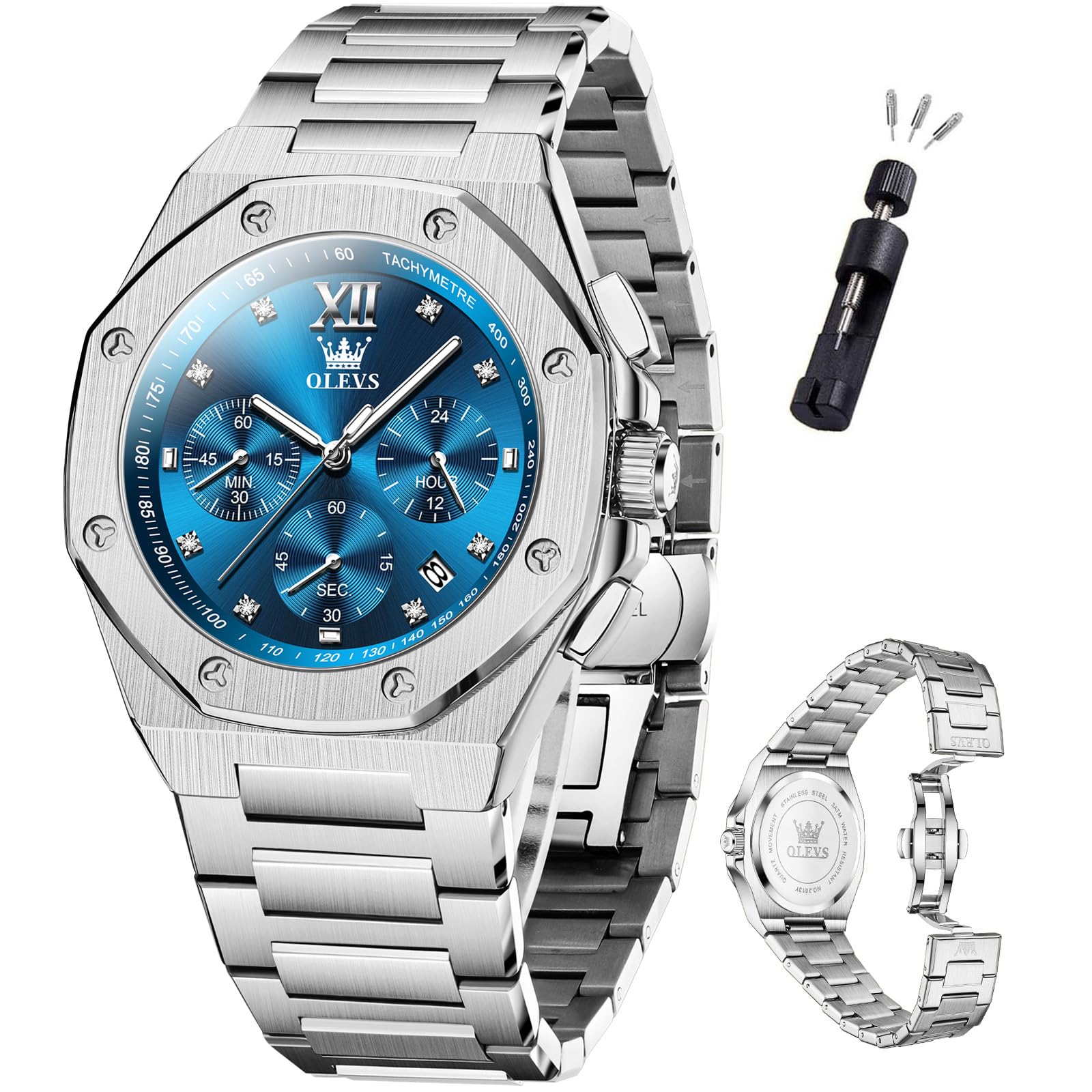 OLEVS Mens Watches Octagonal Luxury Stainless Steel Dress Watches for Men Quartz Analog Large Face Luminous Relojes para Hombres