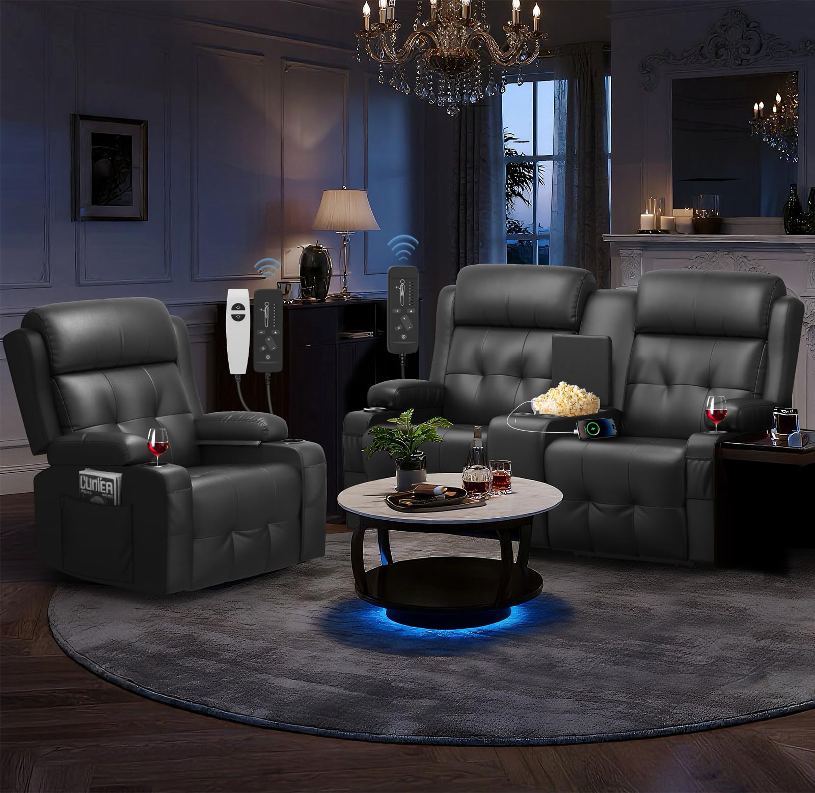 RV Loveseat Recliner Sofa Set, Home Theater Seating with Console &amp; Massage