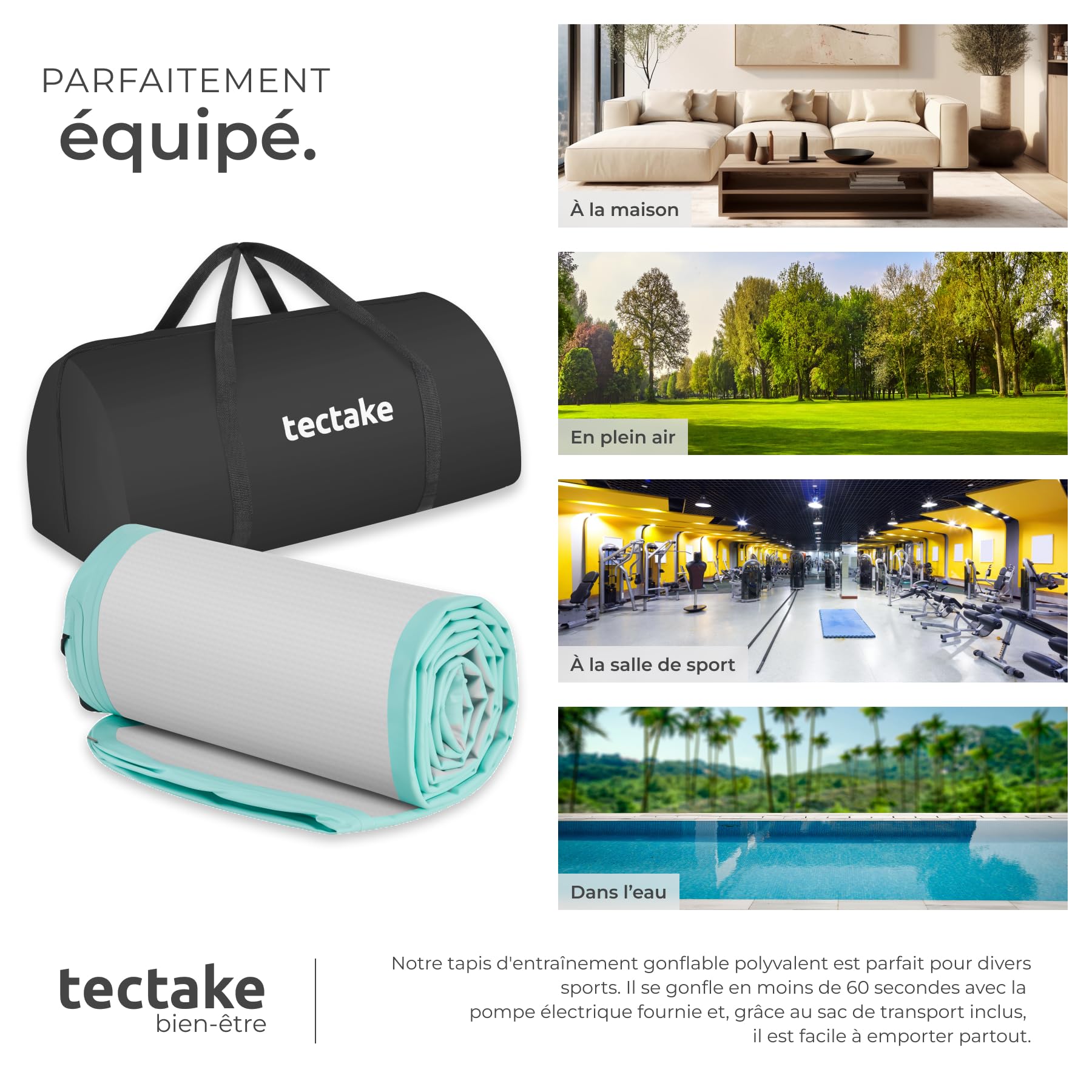 tectake® Tapis de sport Airtrack 397 x 104 x 10 cm, Tapis de gymnastique gonflable épais, Tapis de yoga Pliable, Antidérapant & Imperméable, Gonflage rapide, Fitness Arts martiaux Pilates Musculation