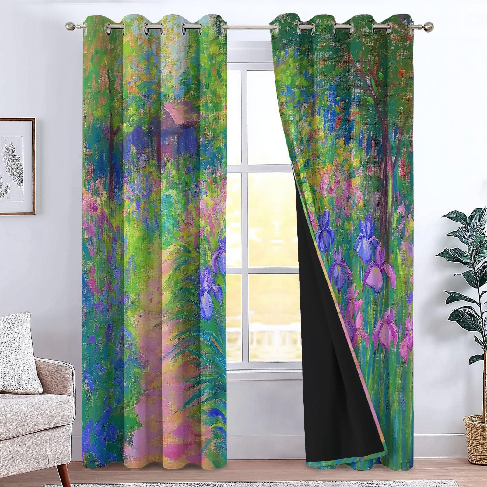 Rideau Occultant Thermique Isolant Anti Froid à Oeillets 75 x 166 cm Route De Campagne en Bois Anti Bruit Décoration de Rideau pour Chambre Salon, 2 Pièces, Couleur