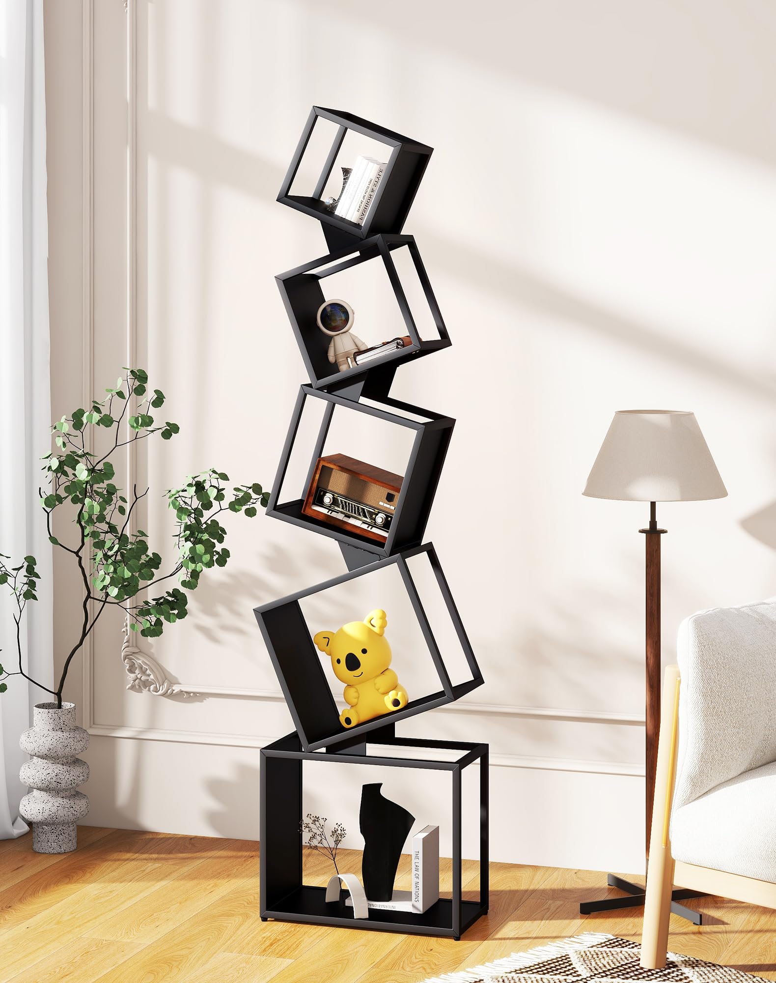 YMYNY Bibliothèque en Cube, Étagère Haute en Métal sur 5 Niveaux, 180 cm, Étagère Rangement, Meuble de Rangement Ouvert, Matte, Design Géométrique, pour Salon, Chambre, Bureau, Noir HBC007B