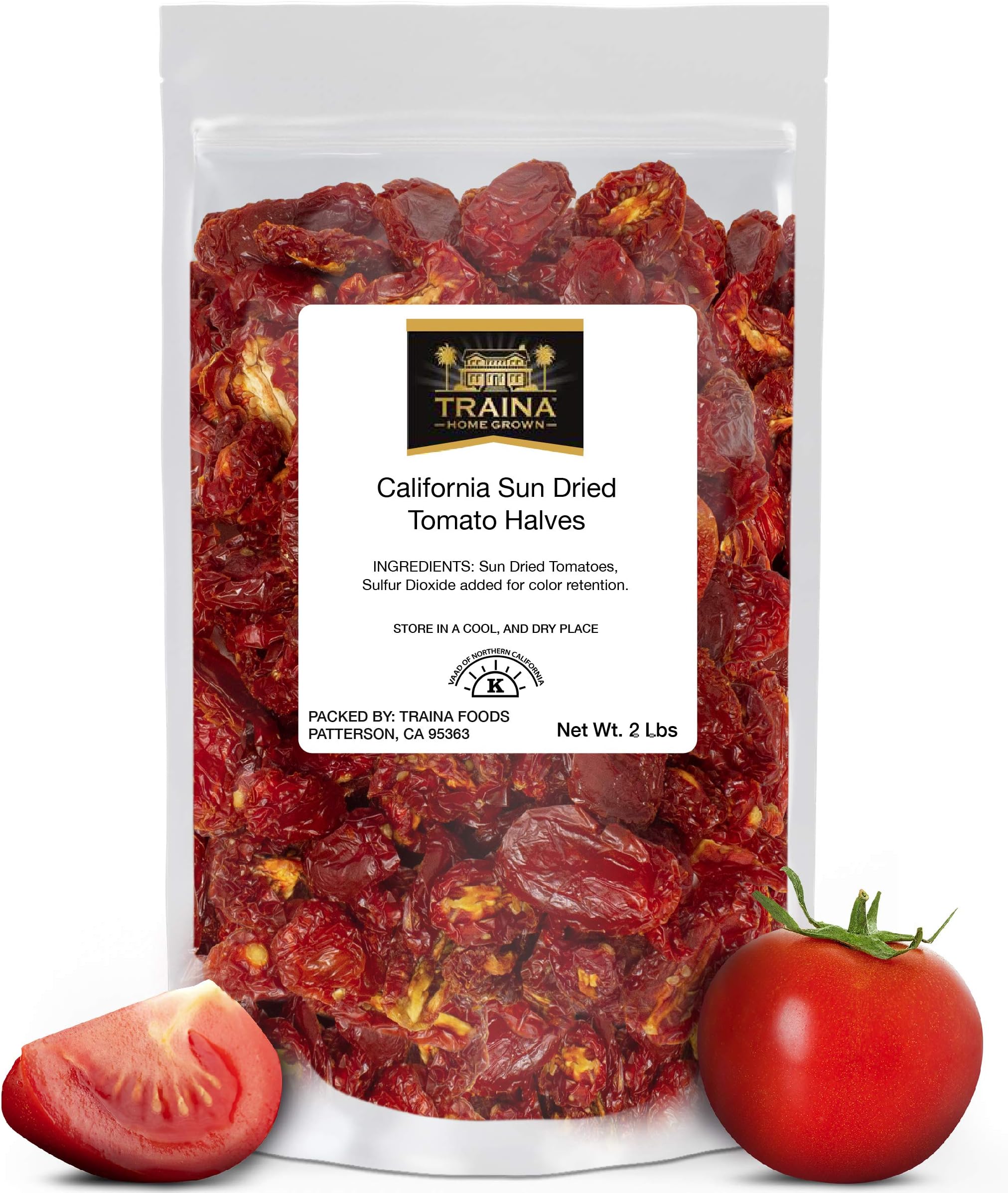 Traina Home Grown California Sun Dried Tomato Halves - Healthy, Non GMO, Gluten Free, Kosher Certified, Packed in Resealable Bag (2 lbs)
