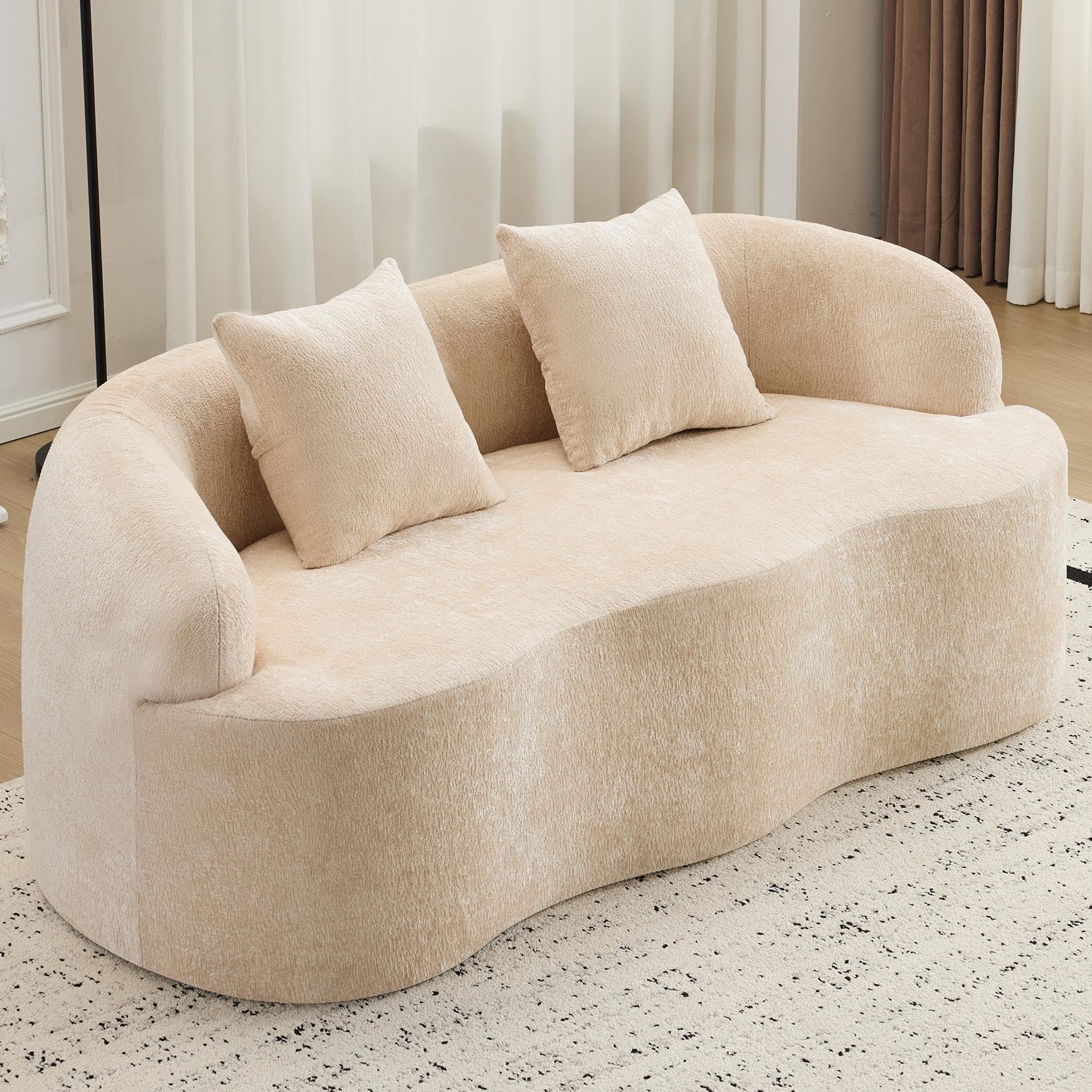 67" Curved Loveseat Sofa with 2 Pillows, Boneless Curved Couch with Round Armrest, Cloud Sofa for Living Room Bedroom Small Spaces, Teddy, Modern, Compressed, No Assembly (Beige Warm)