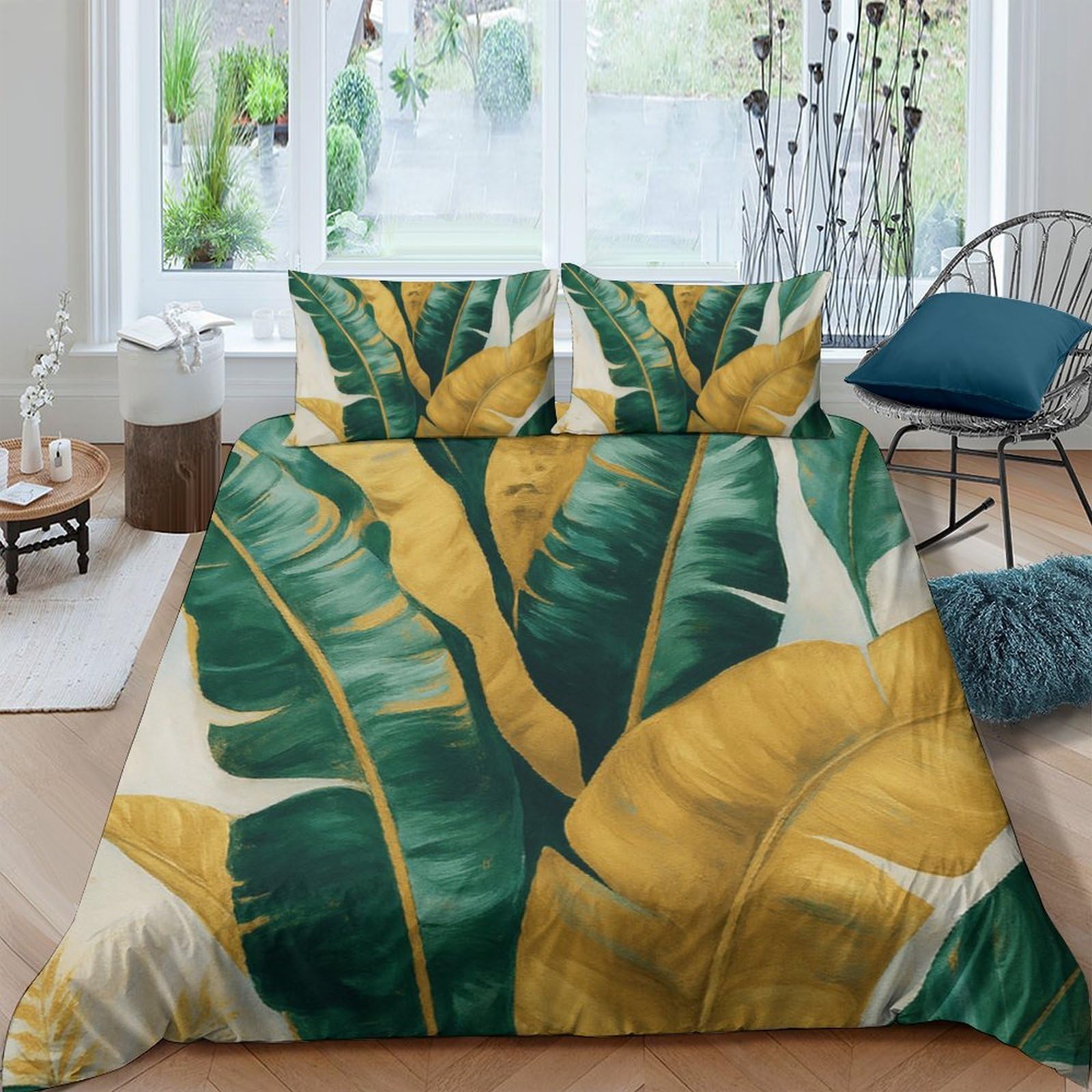 Ctjqhvkz Style-4 3D Printed Tropical Banana Leaf Fitted Sheet Microfiber Soft Green Yellow Botanical Bed Cover For Bedroom Guest Room Mattresses Single（135X200cm）