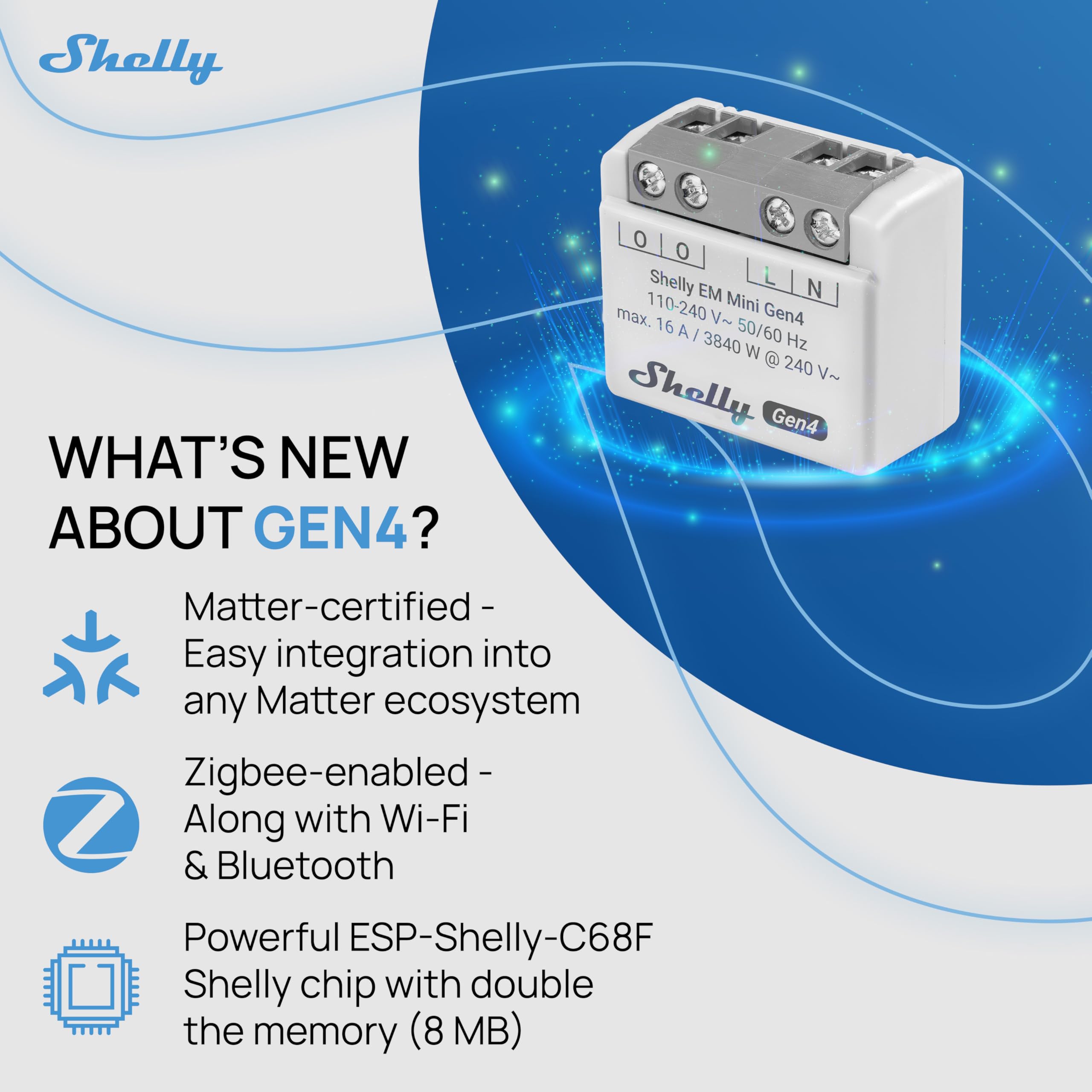 Shelly EM Mini Gen4 - Misuratore di Potenza Intelligente WiFi, 1 Canale, 16A, Domotica, Nessun Interruttore a Relè, Monitora il Consumo di Energia, Matter, Zigbee, Alexa & Google (2 Pezzi)