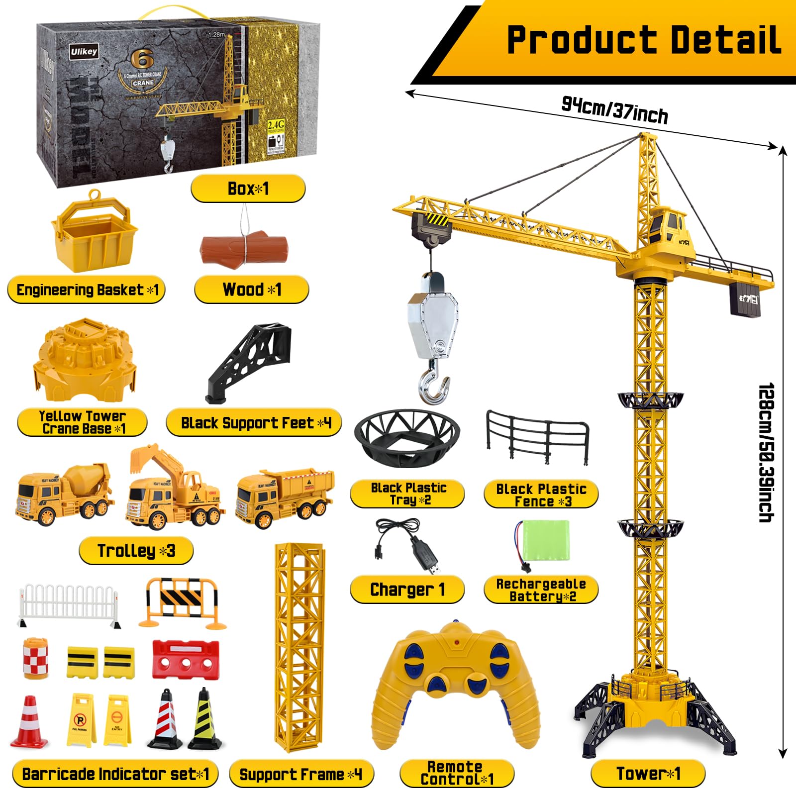 Ulikey Grúa Torre Teledirigida, 128 cm RC Grúas Torre de Construcción, 2.4GHz Gruas de Juguete de 6 Canales, Elevador Giratorio de 680, con Luces y Sonidos, Regalos para Niños de 3 a 10 Años