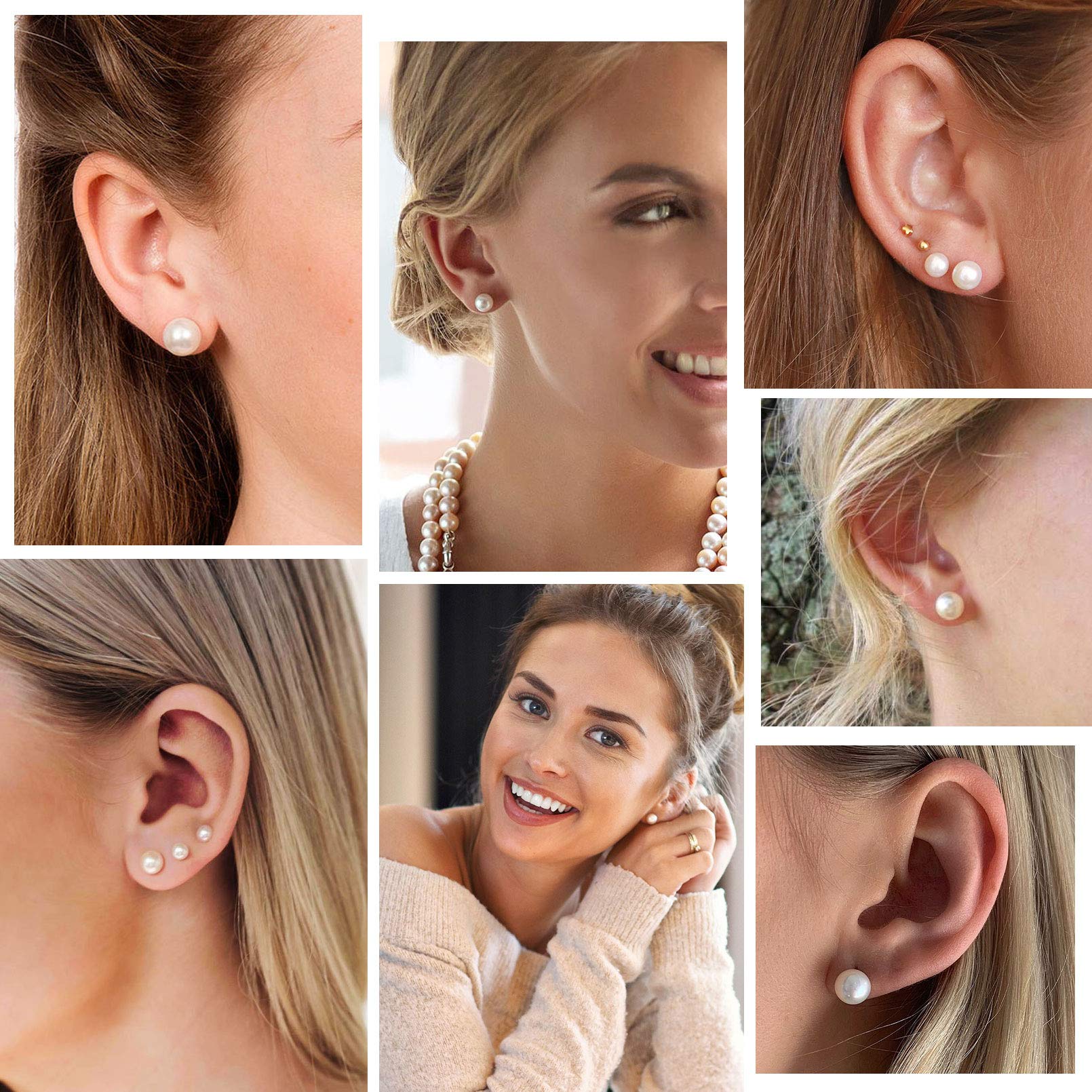 ChicSilver Damen Paar Ohrstecker Süßwasser Zuchtperlen Weiß Silber Perlenohrstecker Mädchen Ohrstecker Set 4mm/6mm/8mm/10mm für Valentinstag Muttertag Weihnachten