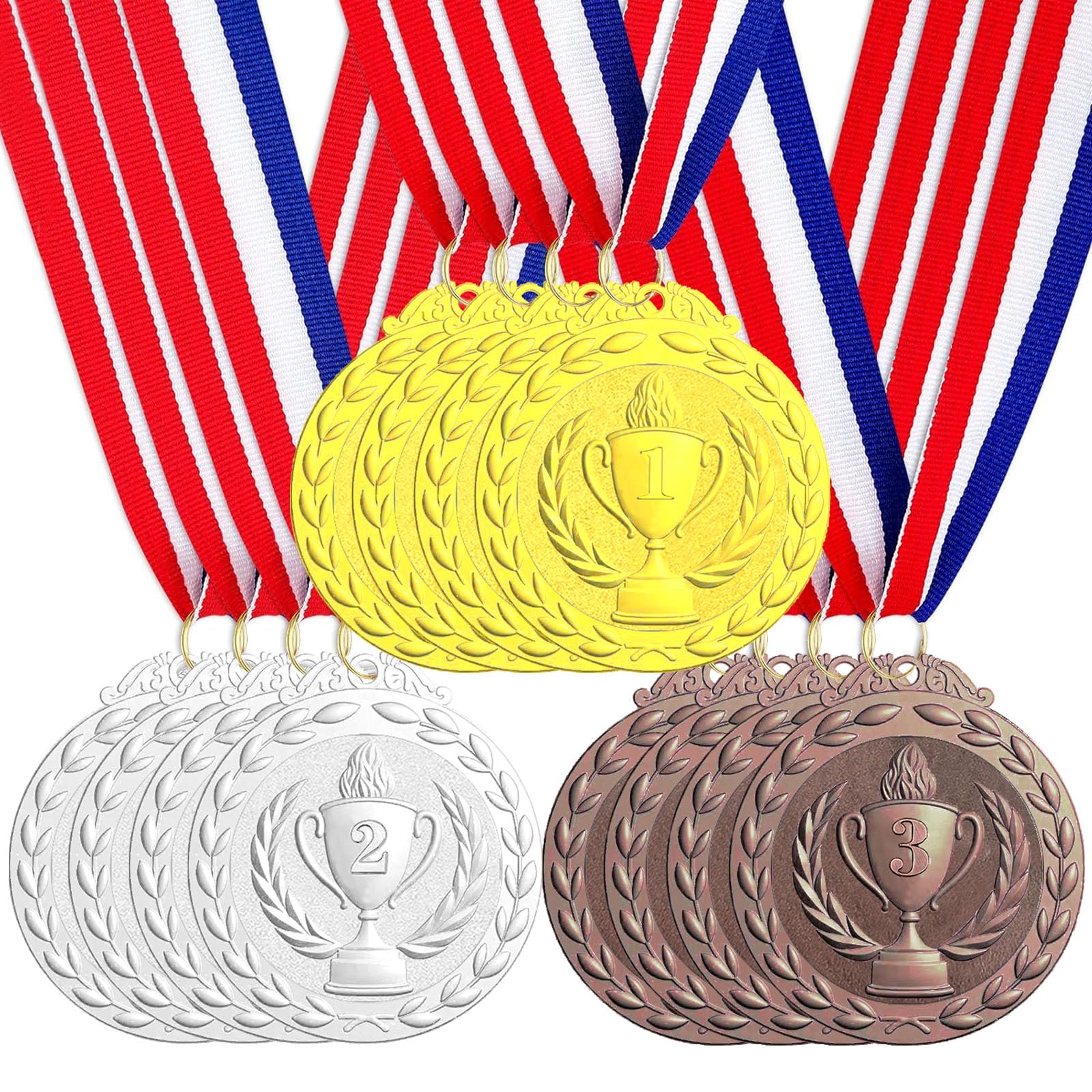12 Pièces Médaille de Récompense, Médaille d'or Médaille d'argent Médaille de Bronze avec Rubans de Cou pour pour Les Compétitions,Le Sport, Style Olympique Diamètre env. 5,0 cm