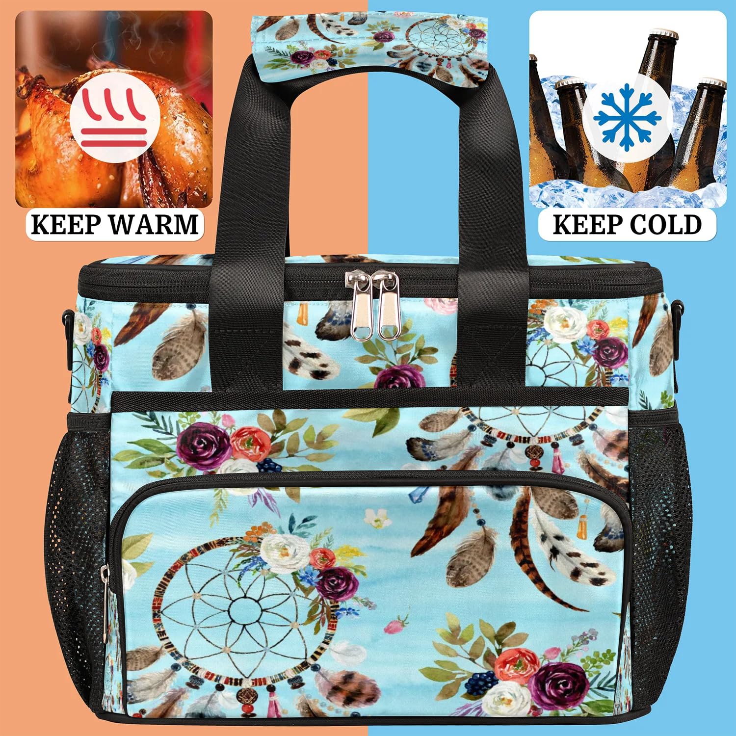 Grand sac à déjeuner isotherme pour adultes, hommes, femmes, enfants, filles, garçons, motif attrape-rêves ethniques, sac isotherme pour le travail, le pique-nique, le barbecue