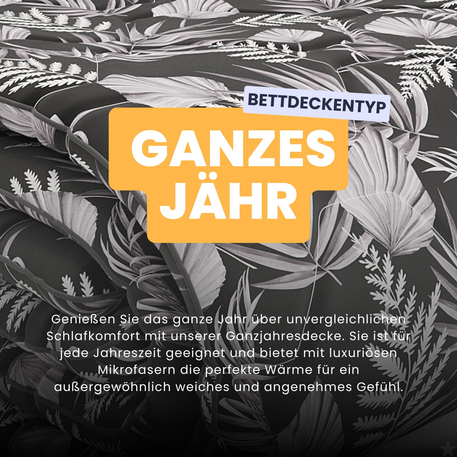 HappyBed Ganzjahresbettdecke einzeln 260x220 - Extra breit - Mikrofaser - Waschbare Bettdecke ohne Bezug - Bedruckte Bettdecke ohne Bezug - Ärmellose Bettdecke mit Druck - Black Leaves