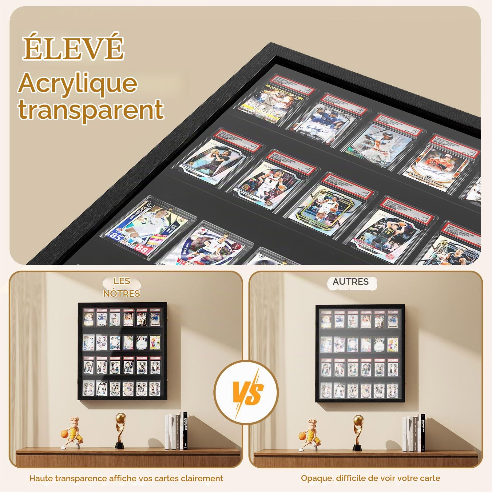 2 Pièces Présentoir Mural de Cartes, Bois Étages Présentoir de Cartes à Collectionner, Transparent HD Cadre D'affichage de la Carte pour Cartes de Baseball de Sport Classées Collection (Noir)