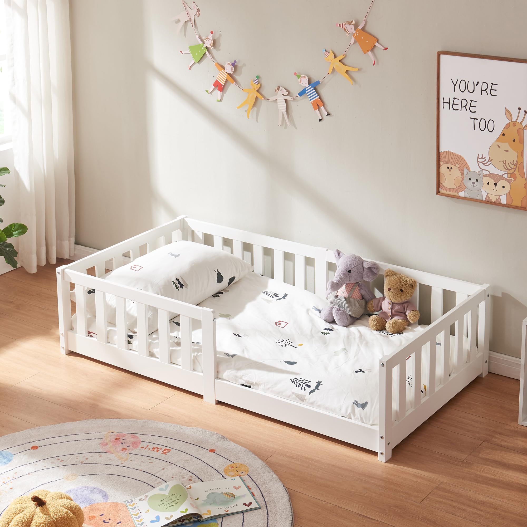 [en.casa] Letto per Cameretta con Barriera Protezione Anticaduta Struttura Letto Singolo Montessori in Legno di Pino con Zona di Riposo 80 x 160 cm - Bianco