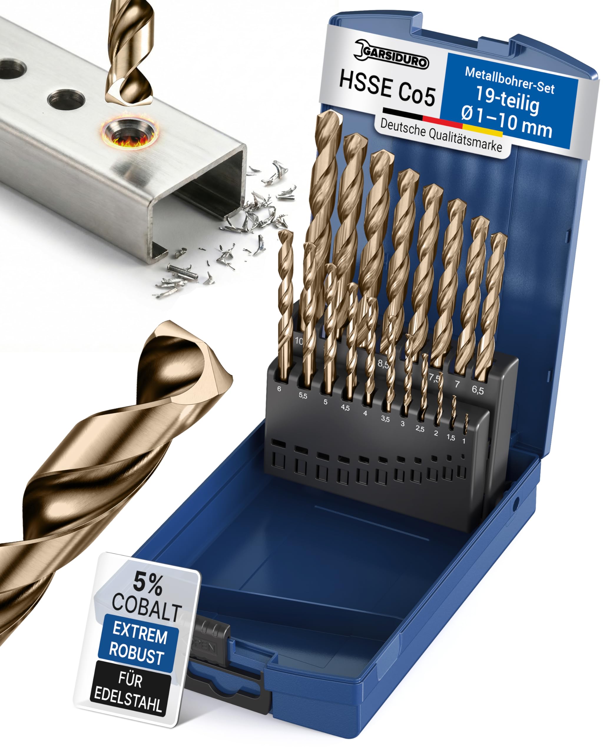 GARSIDURO® Metallbohrer Set HSS Cobalt 19tlg. | HSS-Co5 Profi Edelstahlbohrer 1-10mm | Selbstzentrierender Kobalt Spiralbohrer DIN 338 HSS CO Bohrerset für Edelstahl, Stahl, Eisen, Metall | Bohrer Set