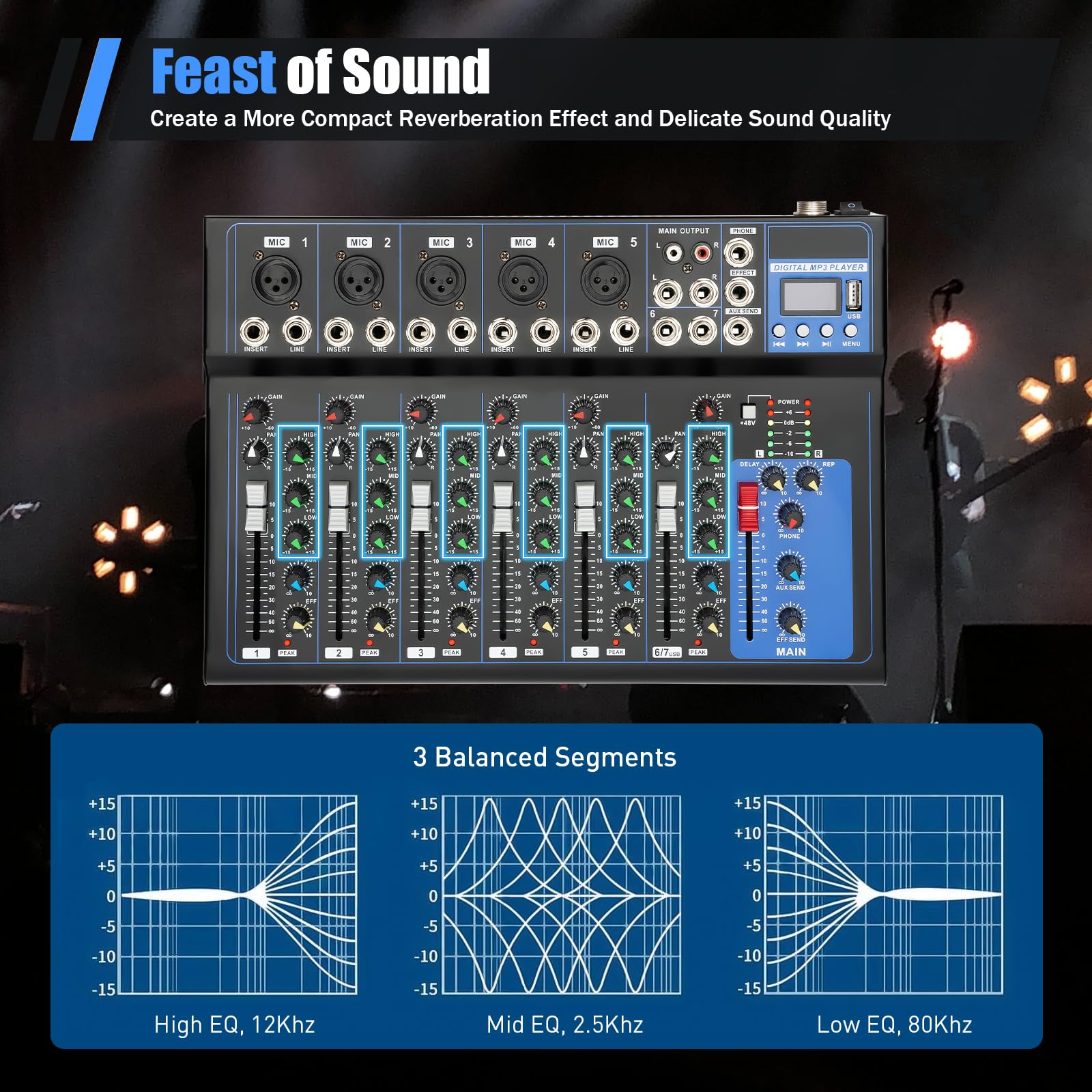 Table de mixage 7 canaux, table de mixage, enregistreur audio et USB, entrée micro 2, port USB, pour microphones, guitares, basses, claviers, mixeurs, instruments, etc