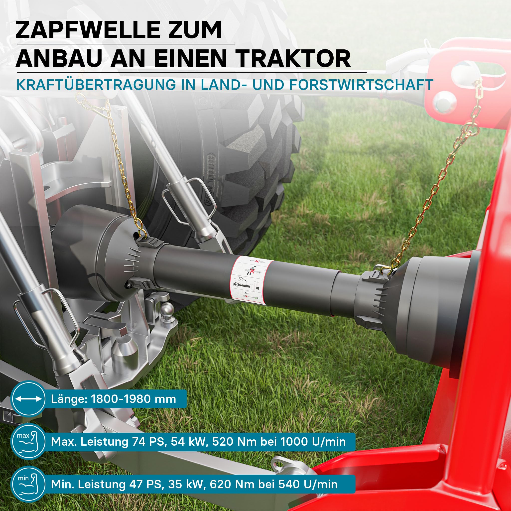 Wiltec Zapfwelle T5 Gelenkwelle 1800-1980mm 620Nm 540U/min, PTO-Shaft, 54kW (74PS), 2X 1 3/8" 6 Zähne