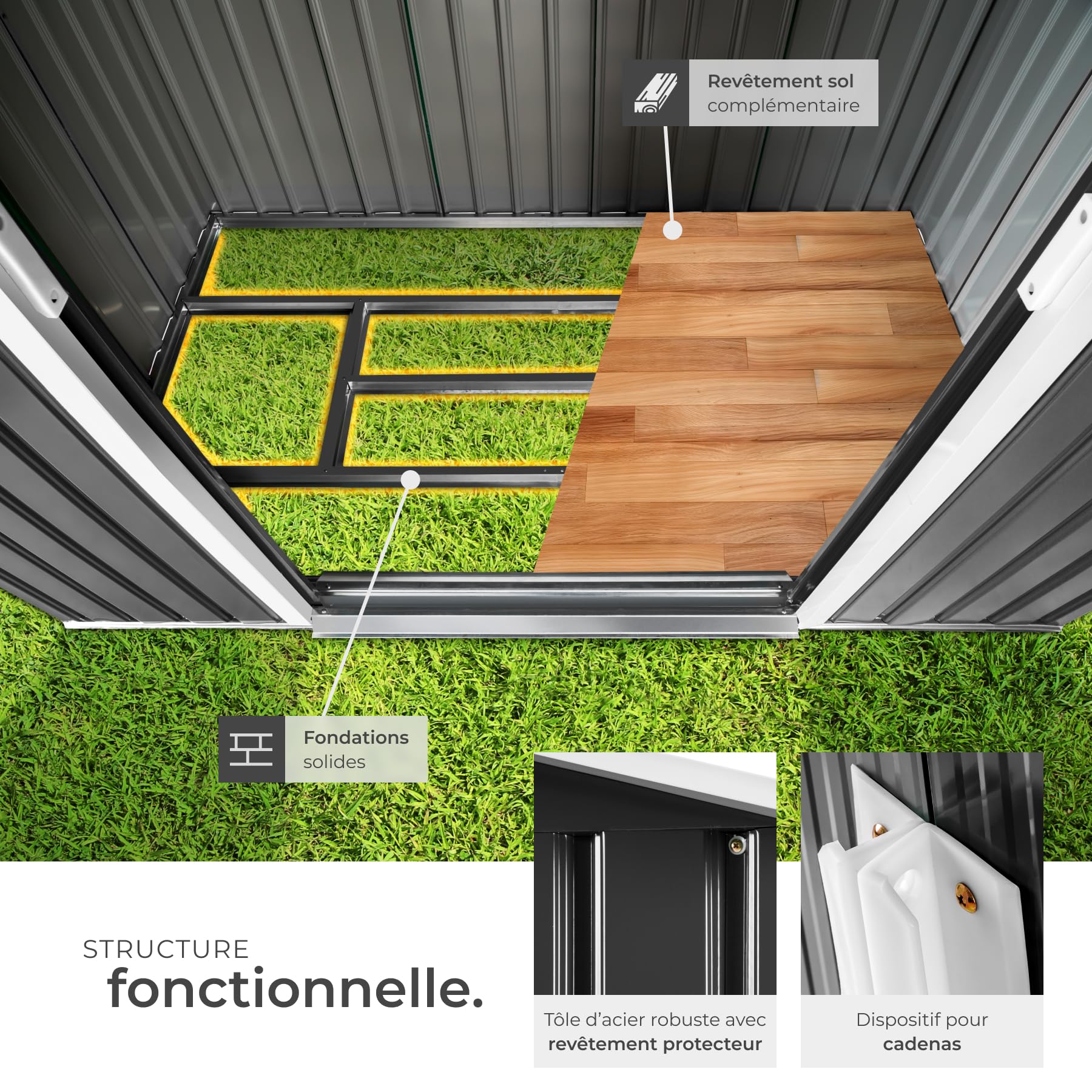 tectake® Abri de Jardin en métal 4.2m³, Cabane de Jardin à Outils, Toiture 2 pans avec Fondation, Rangement et Stockage extérieurs Moto Vélo Tondeuse Brouette Outils de Jardinage, 214 x 130 x 185 cm