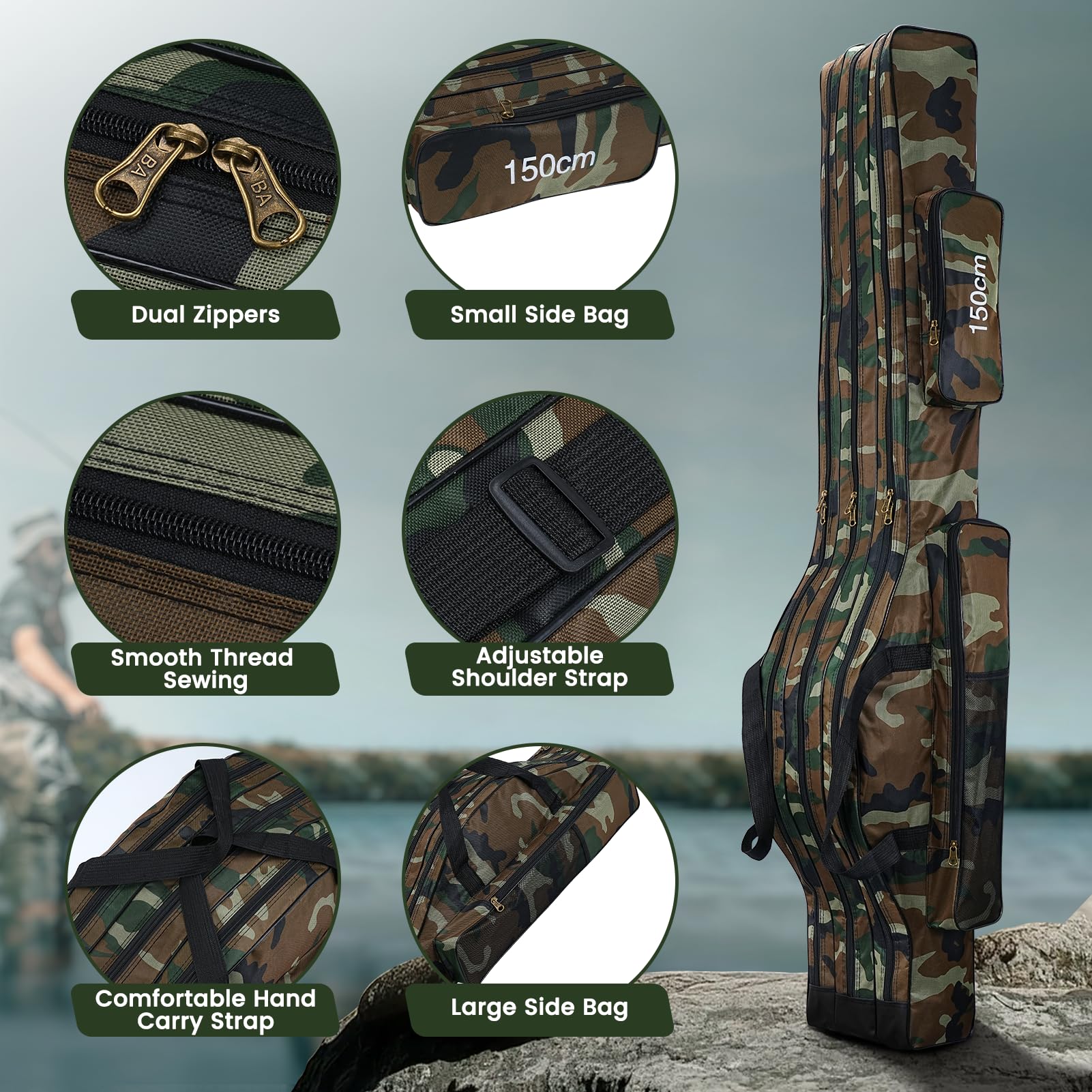 Lomffy Borsa da Pesca Portatile, 150cm Pieghevole Sacca Canna e Attrezzi con 3 Strati Grande capacità Borsa da Pesca Portatile per Canna Impermeabile Custodia per Canna da Pesca - 5