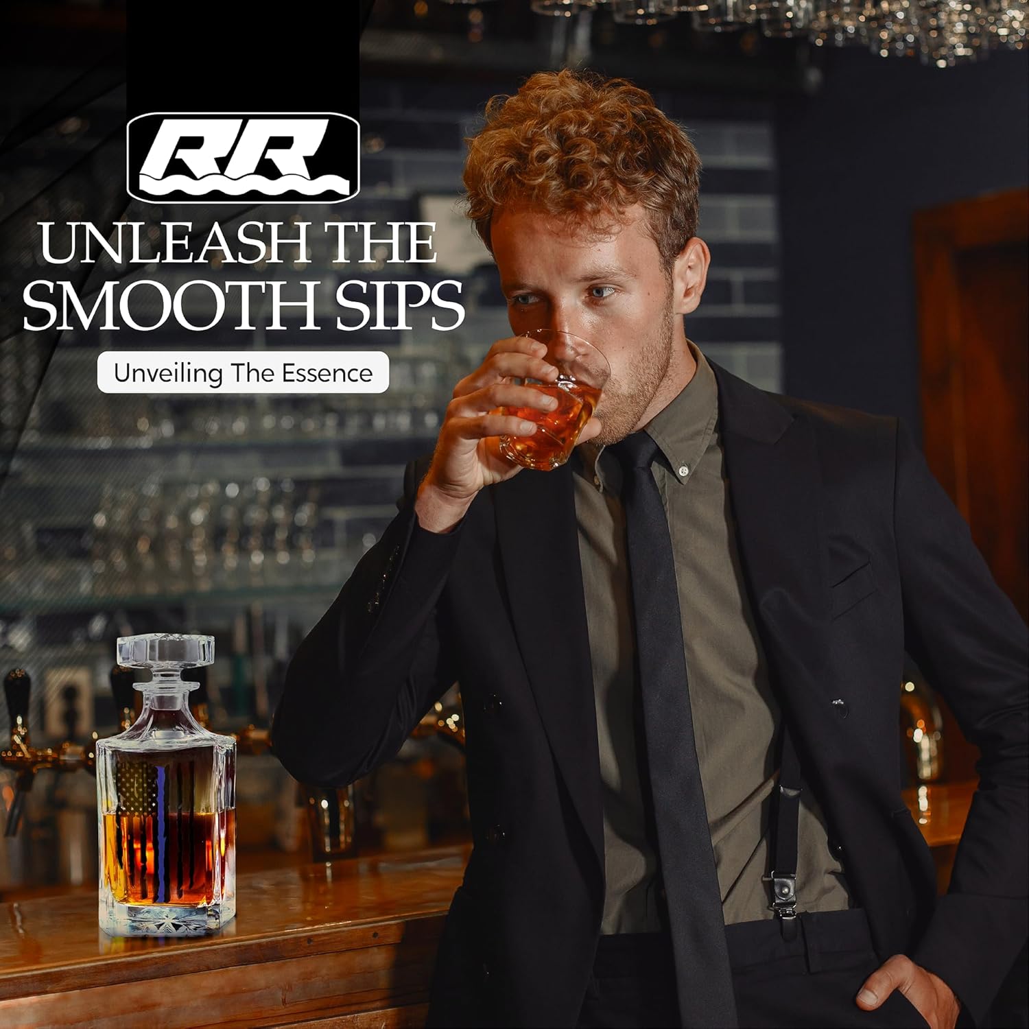 Rogue River Tactical Blue Line Tattered Flag Police Officer Whiskey Decanter With Glass Stopper Custom Gift For Men Dad Veteran Father's Day PD Police Officer - Image 5